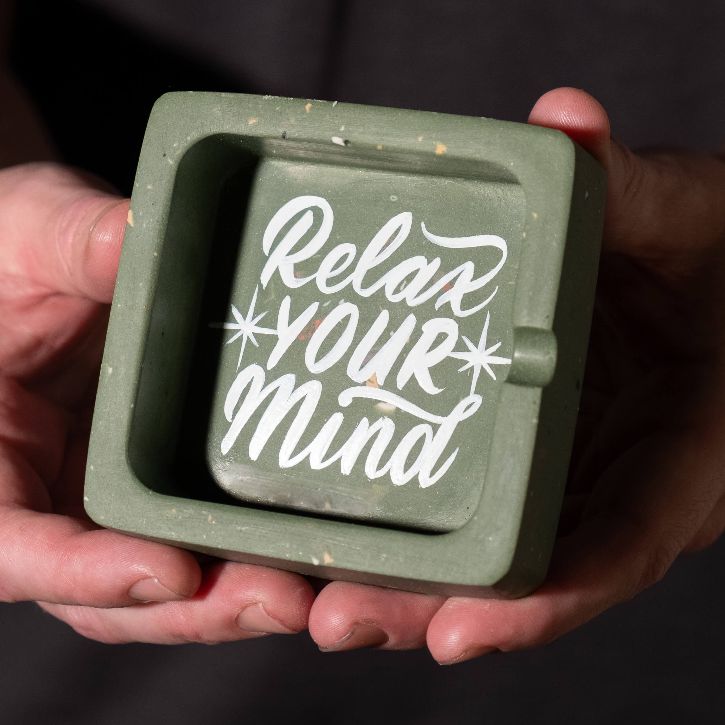 Ashtray Sq- Relax Your Mind - Olive w- White-1.jpg