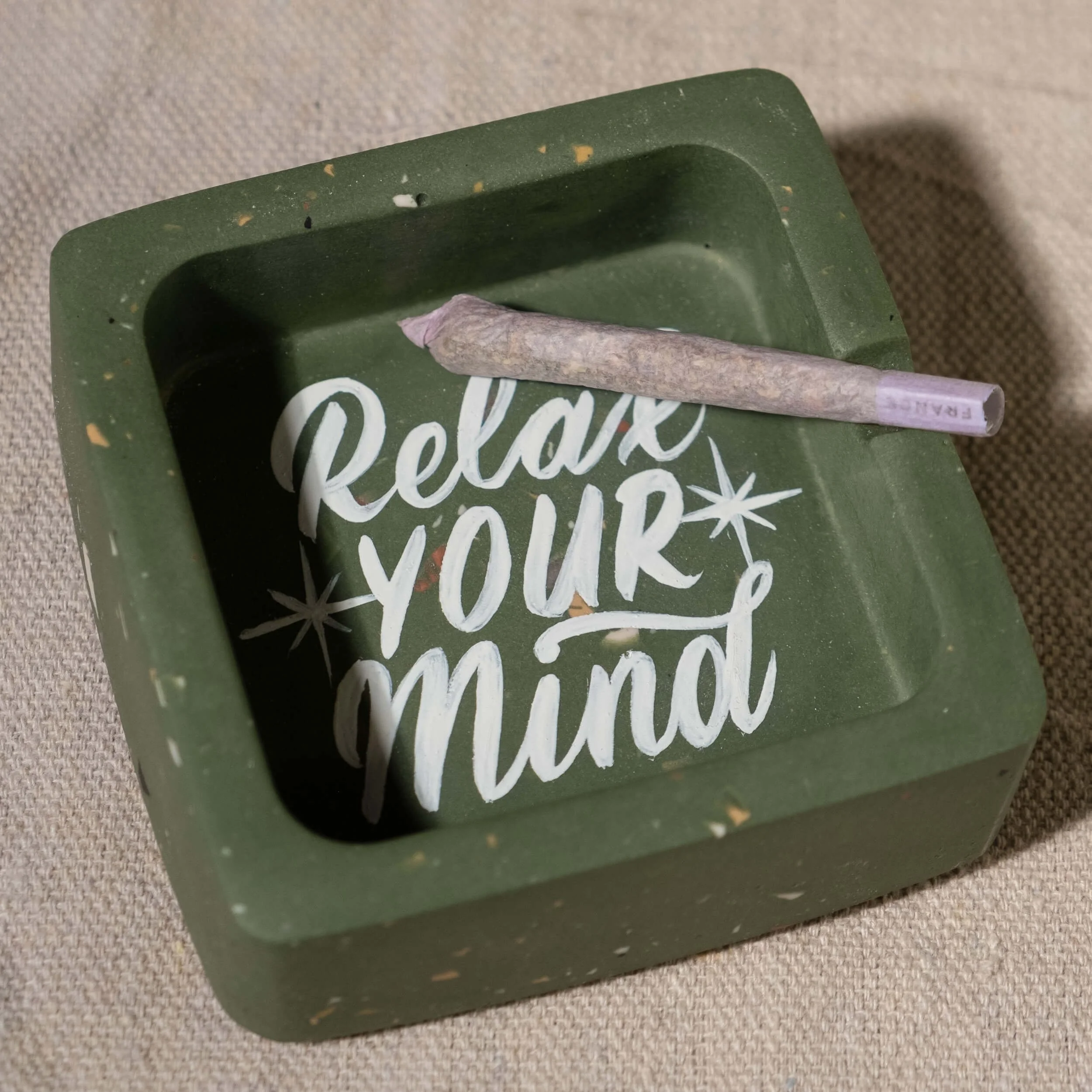 Ashtray Sq- Relax Your Mind - Olive w- White-2.jpg