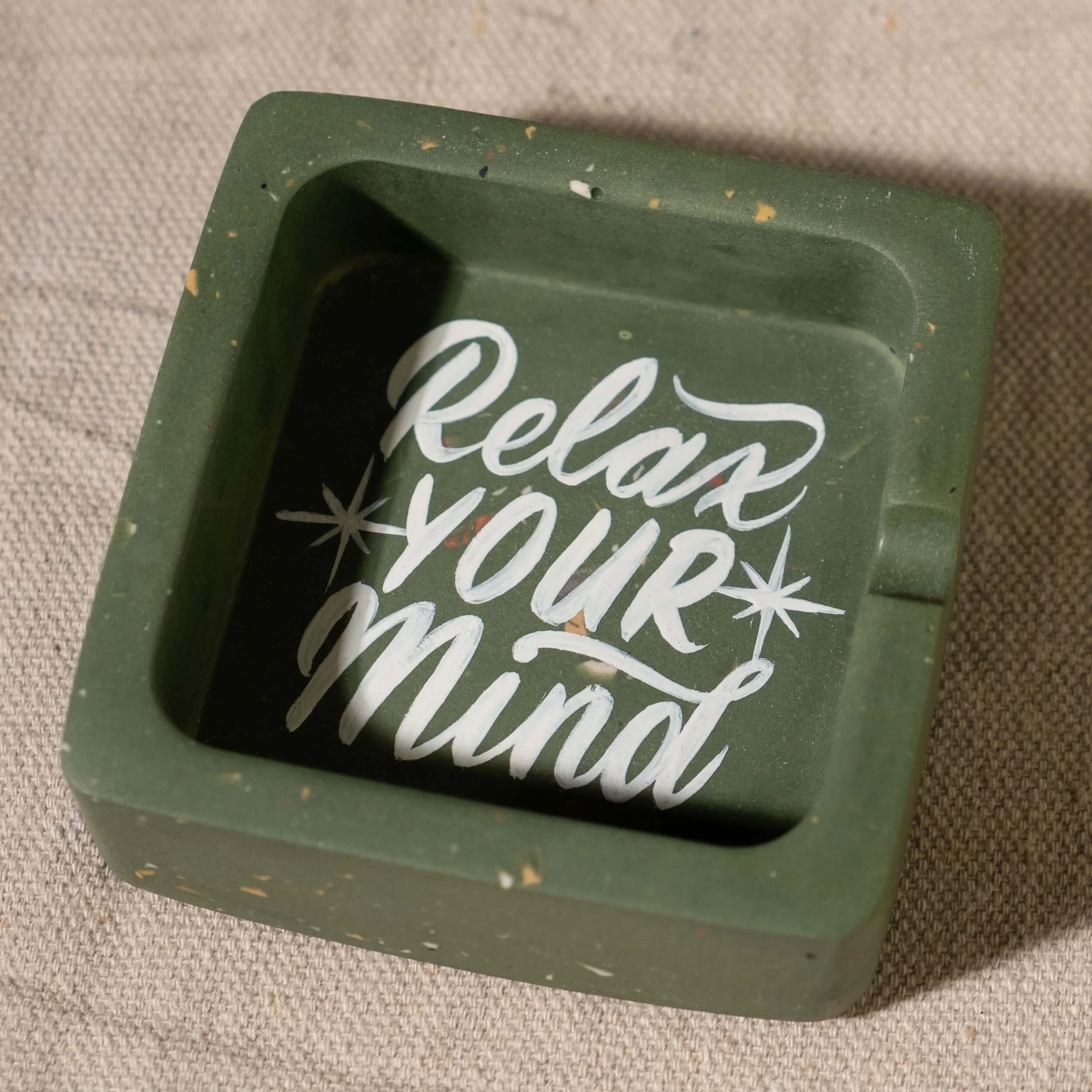 Ashtray Sq- Relax Your Mind - Olive w- White-3.jpg