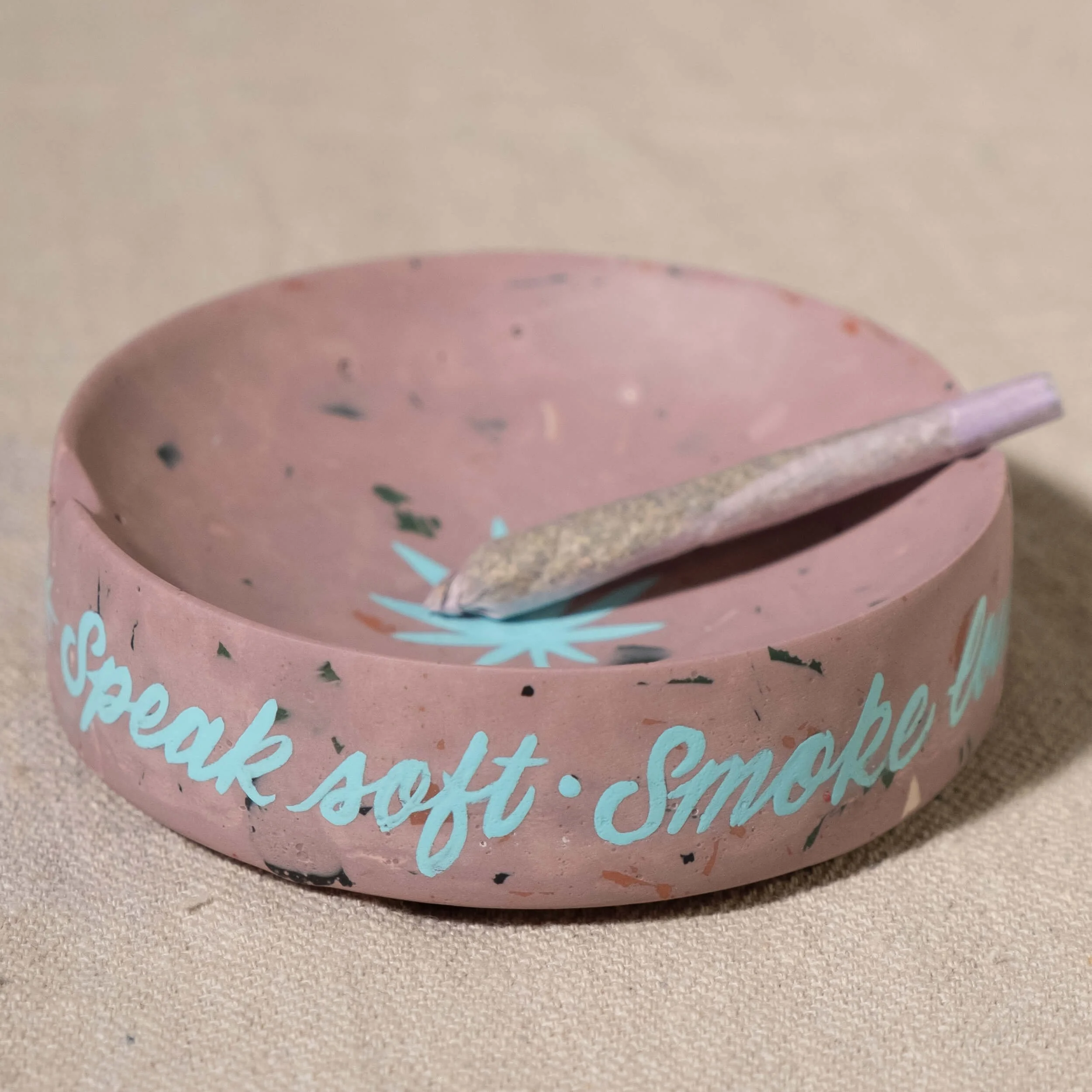 Ashtray Round- Speak Soft - Pink w- Teal-2.jpg