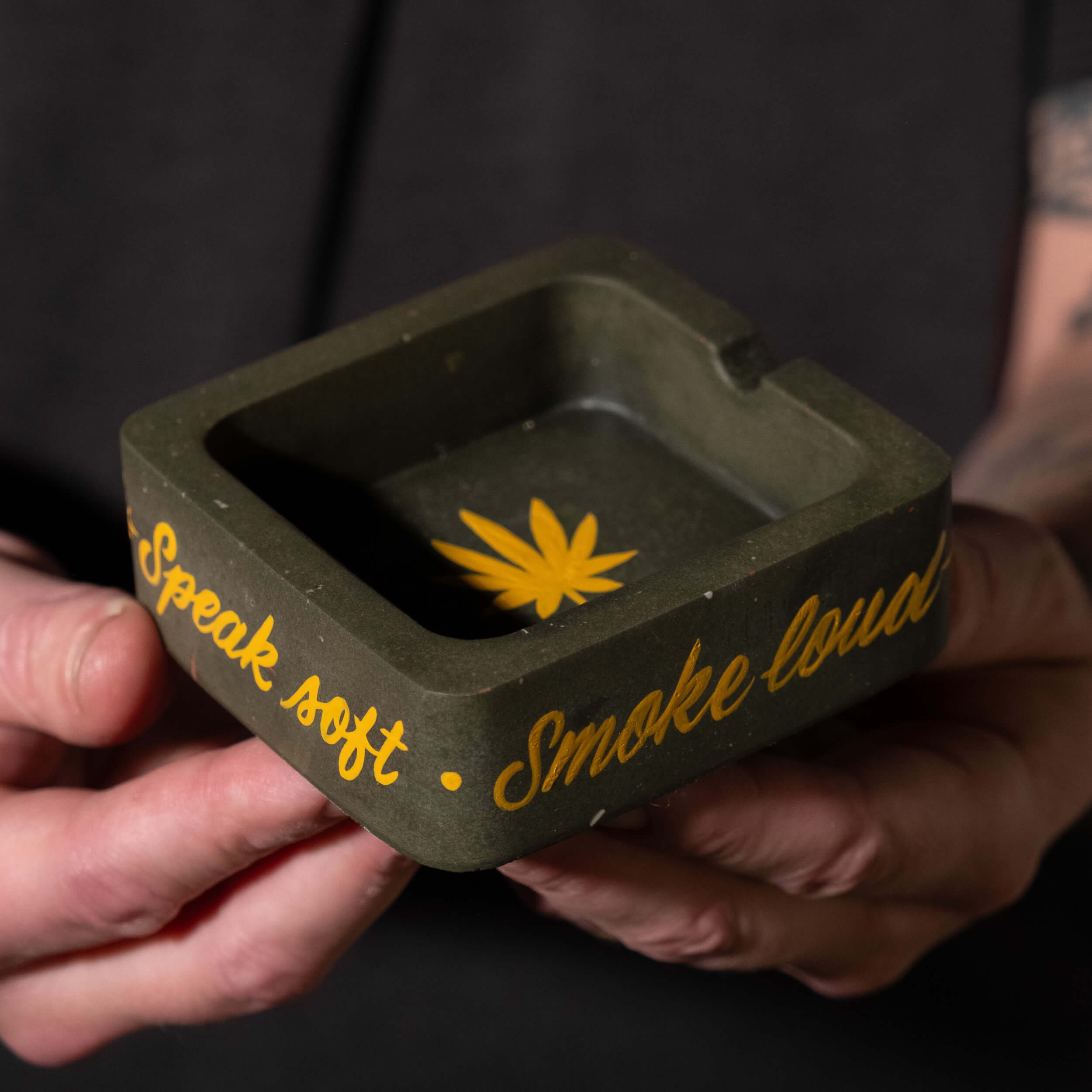 Ashtray Sq- Speak Soft - Olive w- Yellow-1.jpg