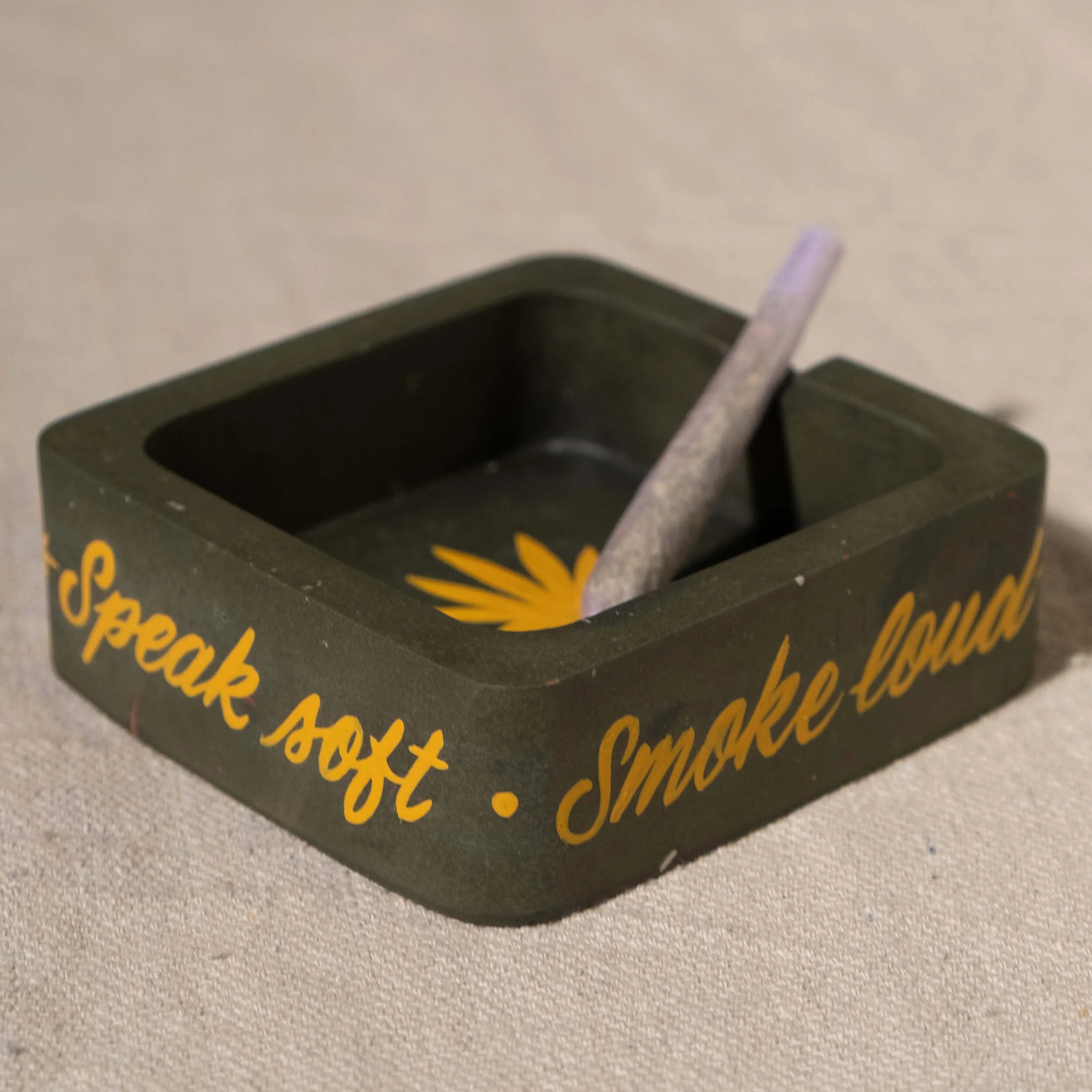 Ashtray Sq- Speak Soft - Olive w- Yellow-2.jpg