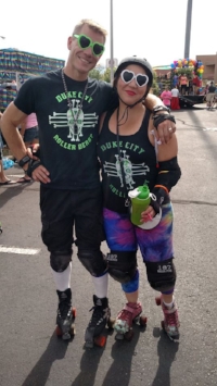 Fowl Play and Doom Dee Doom skate in the 2016 Albuquerque Pride Parade. Photo by Rainbow Smash