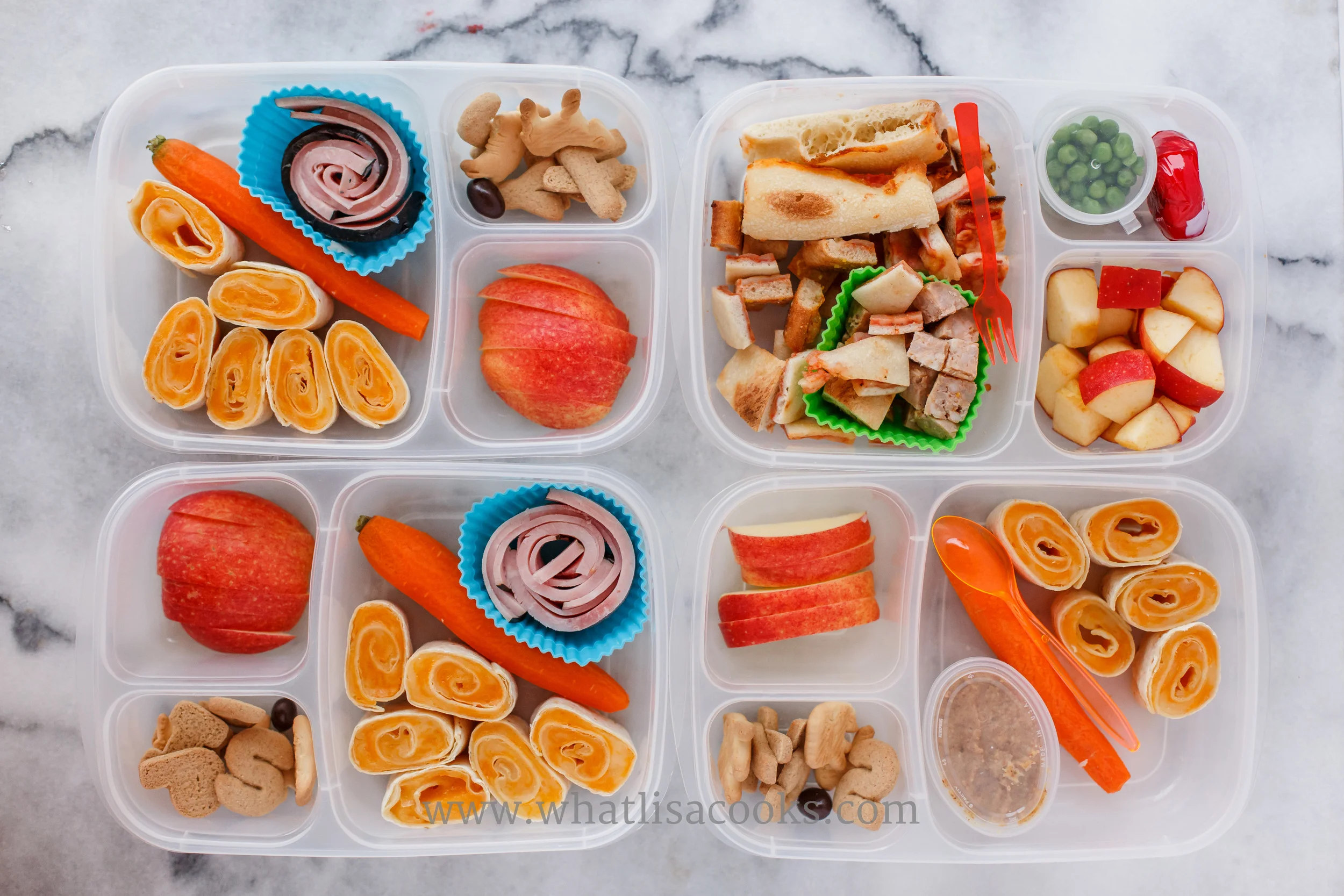 One of these things is not like the other. One child came home from school early the day before, so she got her same lunch sent back again. The other three have rolled quesadillas, carrot, apples, cookies, two have ham and one has almond butter. 