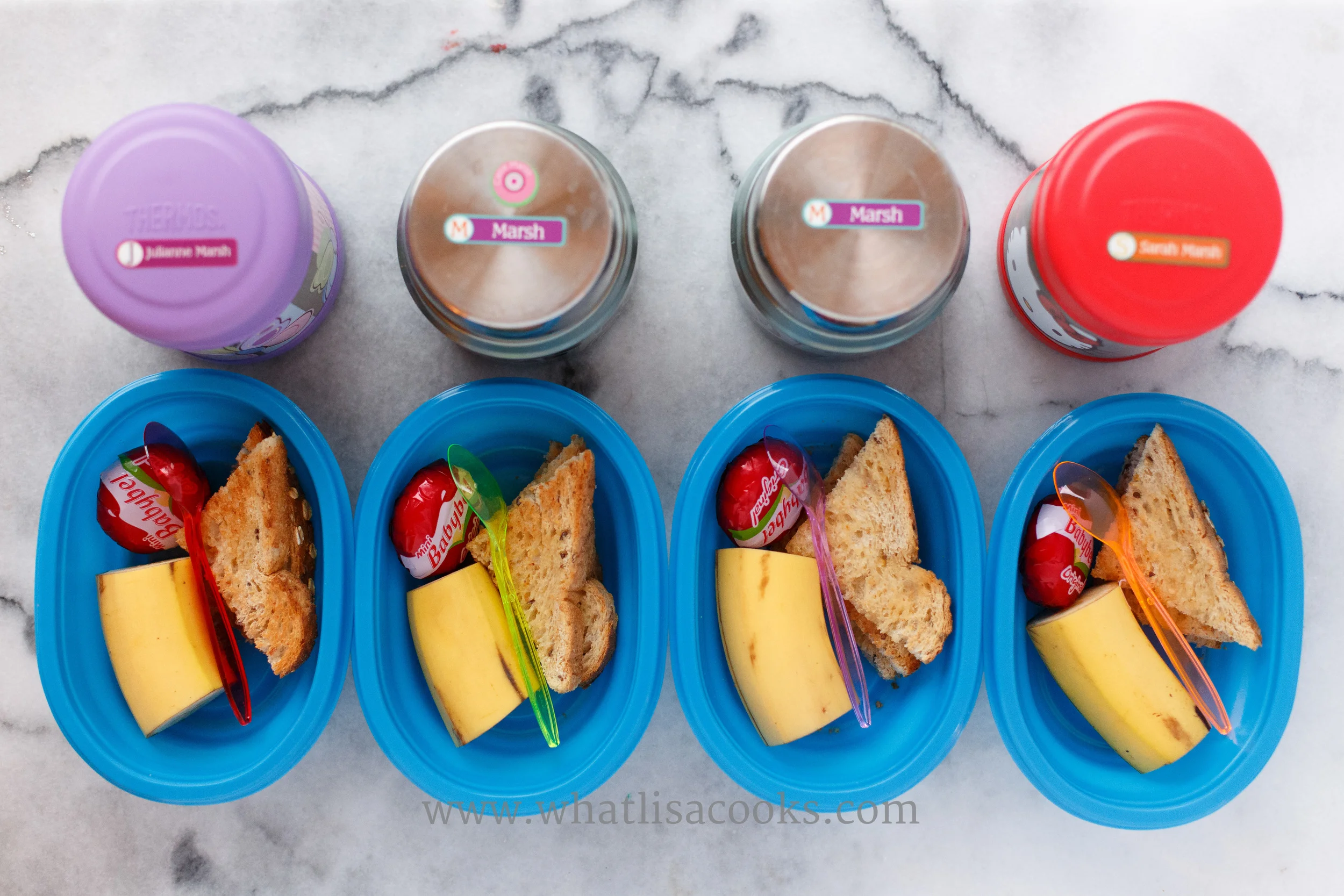Breakfast for lunch - homemade instant oatmeal in the thermos containers, toast, cheese, banana. 