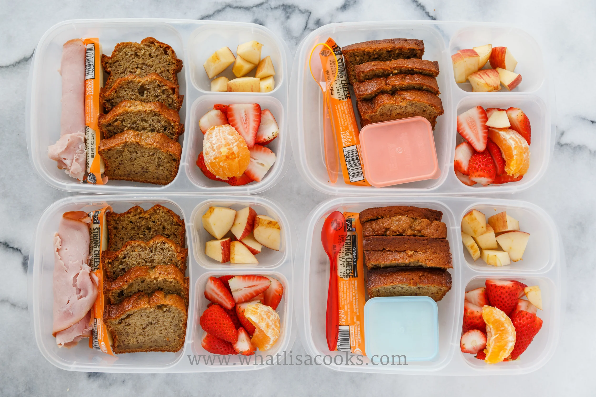 Homemade banana bread, cheese stick, two have ham and two have yogurt, and everyone has fruit on the side. Packed in Easy Lunchboxes , with Easy Lunchboxes Mini Dippers .