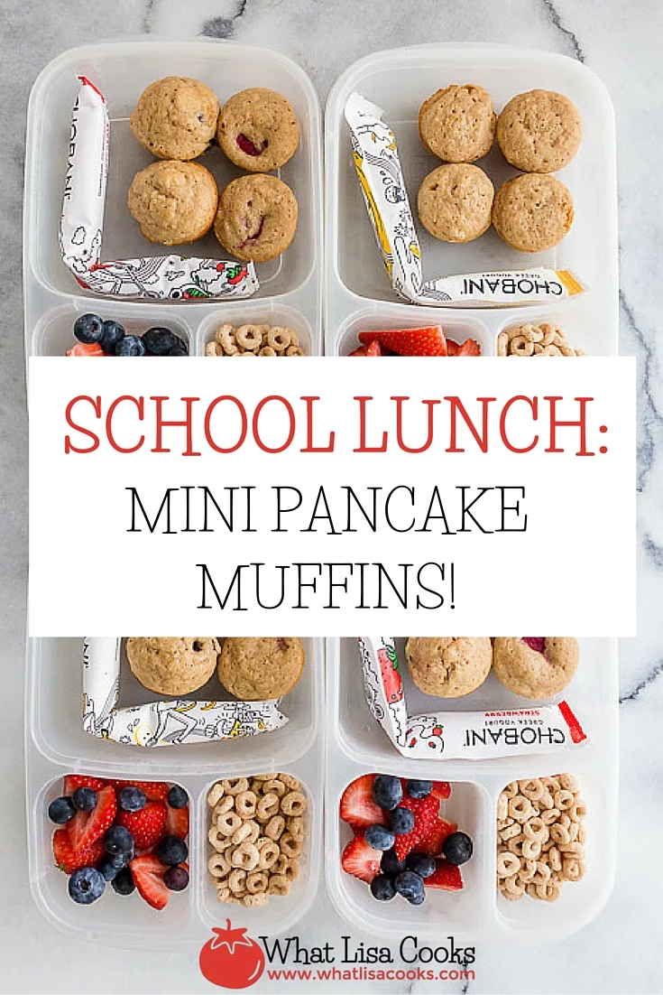 Fun and easy idea for school lunch packing from whatlisacooks.com - mini pancake muffins