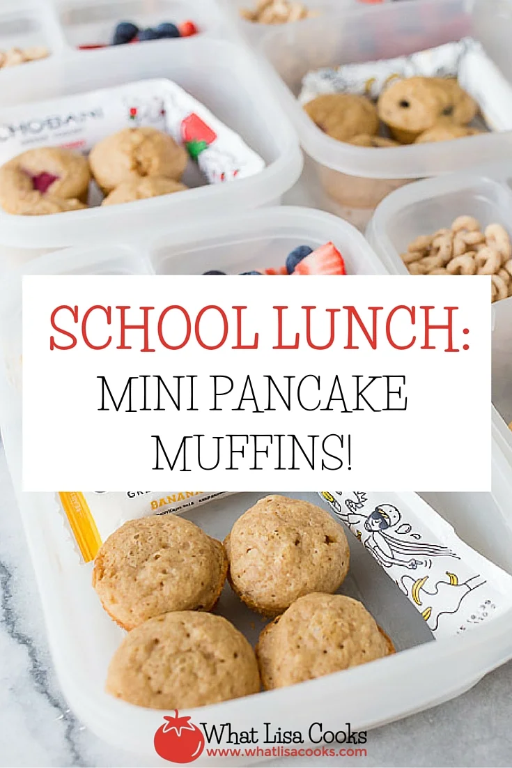 Fun and easy idea for school lunch packing from whatlisacooks.com - mini pancake muffins