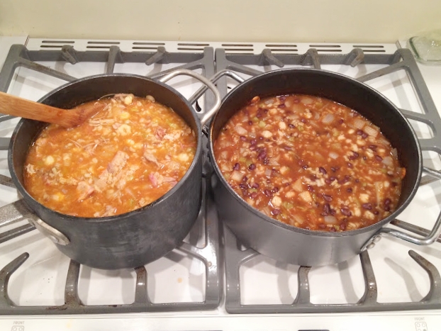 One of these days I'll take a better picture, but it still looks yummy! Here are two versions - pork on the left, beans on the right.