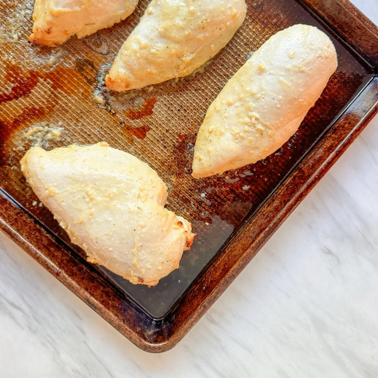 With the pasta and salad for dinner last night we had some simple roasted chicken breasts. These were seasoned with Dijon mustard, lemon juice, garlic, a little garlic salt, and olive oil. Cooked for 30 minutes at 350 convection. I cooked lots extra 