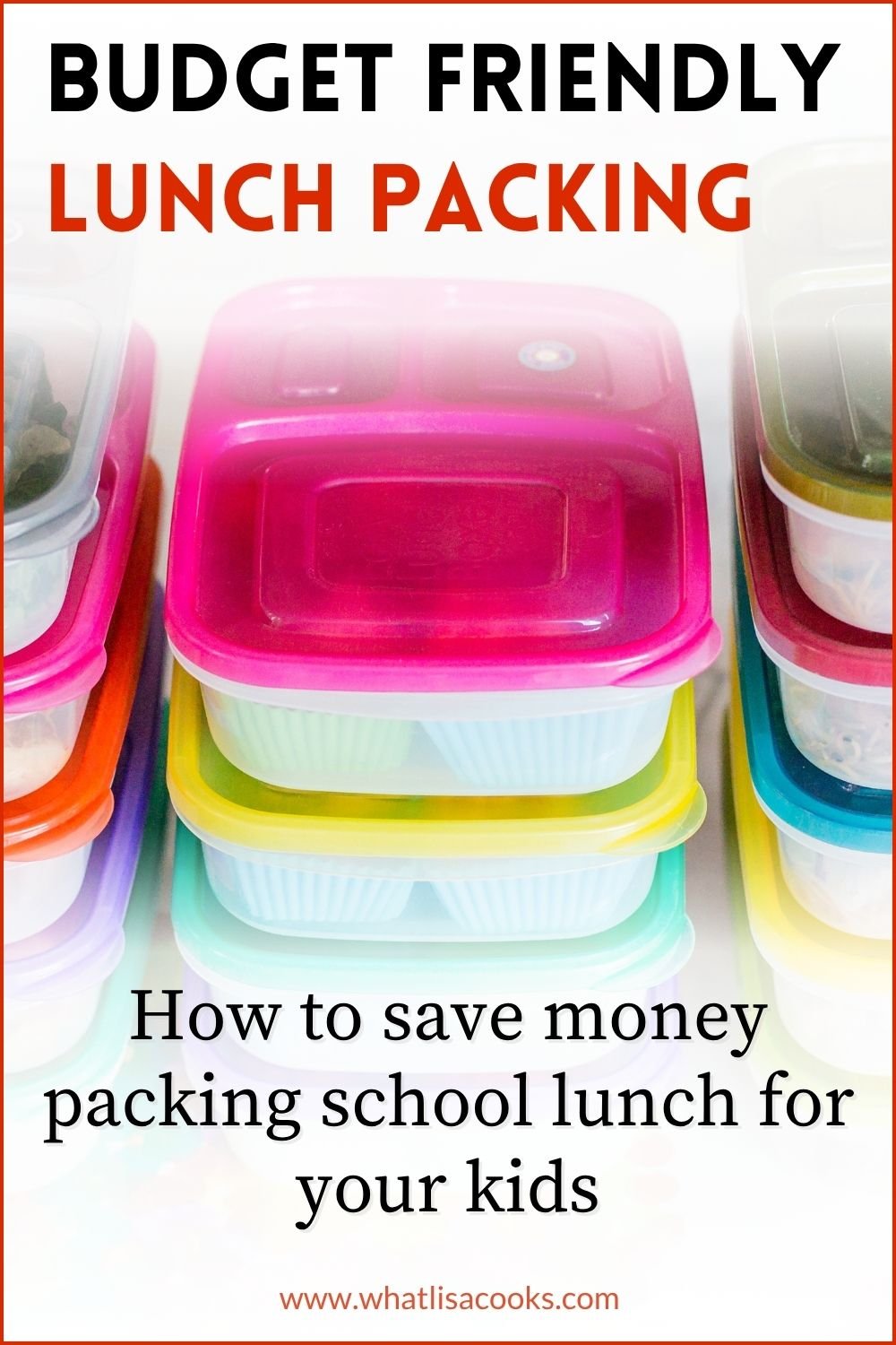 a stack of bento lunch boxes with the heading "budget friendly lunch packing"