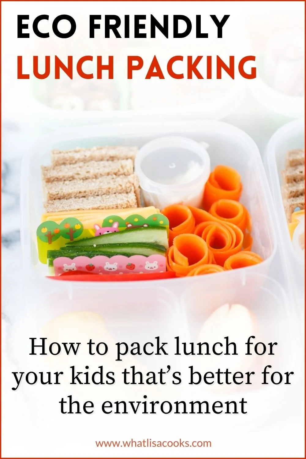 a bento style lunch box containing slices of bread, cheese, and carrots