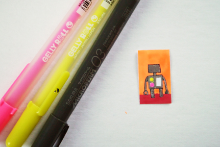 I layered Pentouch ® and Gelly Roll ® pens, then added black lines over the color ink with a Microperm® pen. This picture shows the image before adding the black lines.
