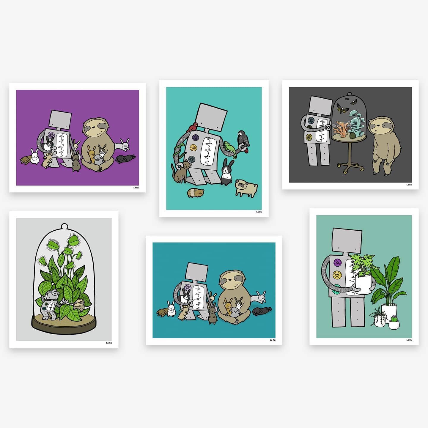 New La Ru prints now available online and in-store @robotvsloth. Prints are available in multiple sizes: 5x7, 8x10, and 11x14 inches.
⁠
Plus when you purchase either the purple or teal Robot vs Sloth Loves Bunnies Print (in any size), $5 of every pri