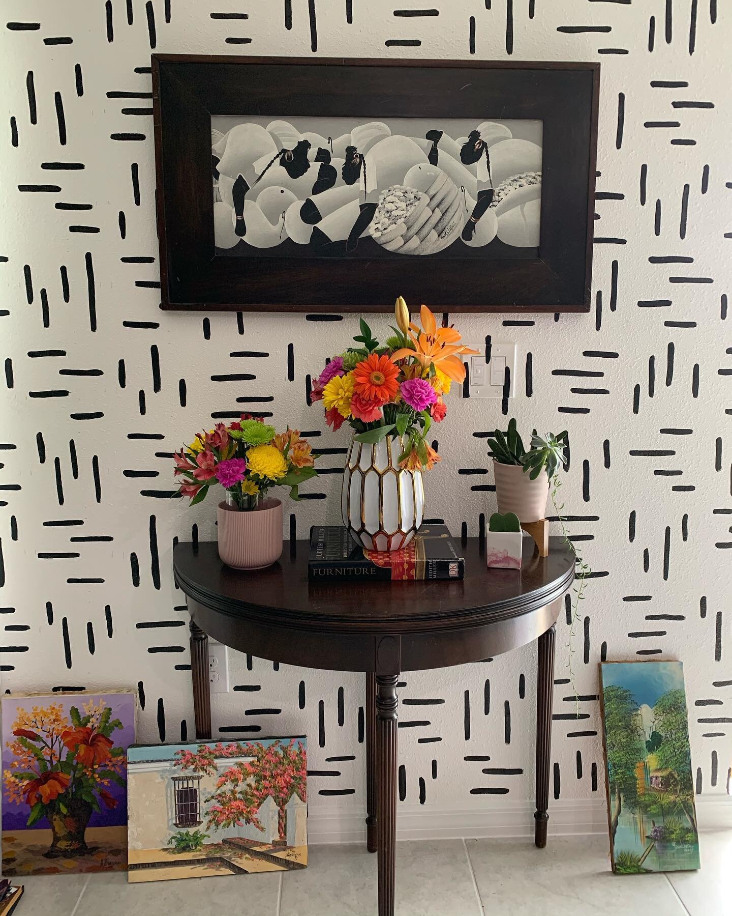 On a quest to fill my home with areas that bring me joy and thoughts of happy moments in my life. All the art is from Dominican Republic some are from my childhood home. Make your home yours. Pinterest is great for ideas but you too have great ideas 