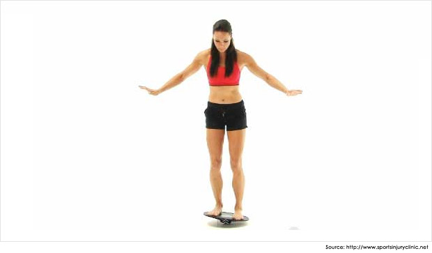 Fig 2. Use of a wobble board for balance and ankle proprioception retraining (Image sourced from www.sportsinjuryclinic.net )