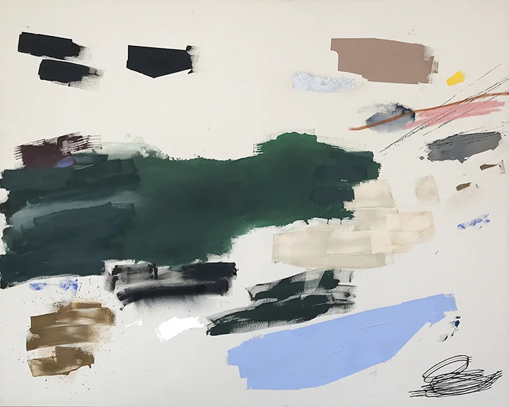 CURRENTS 48" x 60" acrylic, dye, pigment, spray paint, silver leaf on canvas