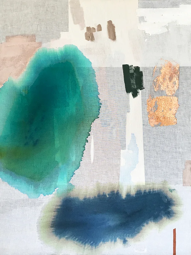 INTO THE OPEN 40" X 30" ink, dye, acrylic, copper leaf on linen over canvas