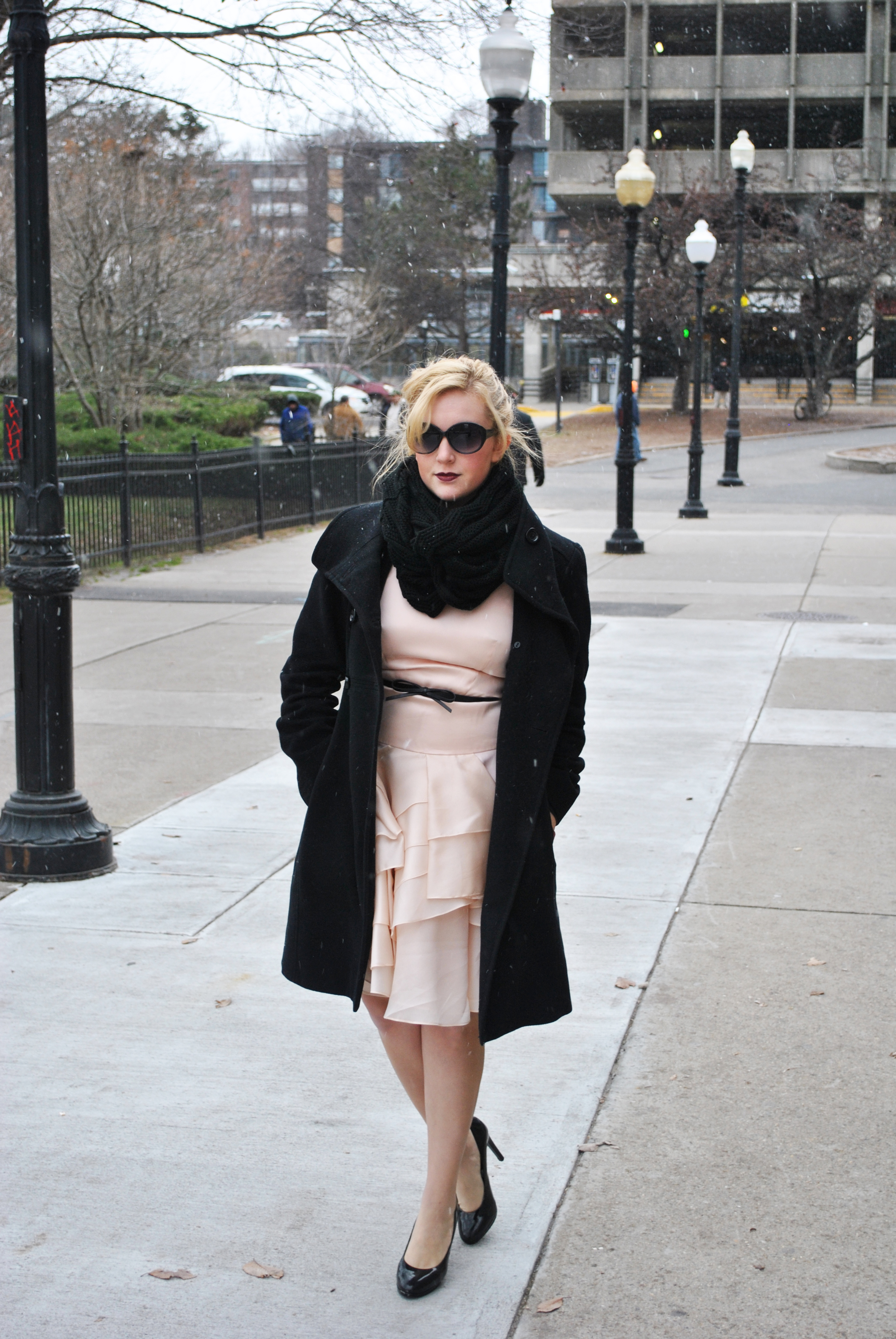 Blush Pink Milly Dress for a holiday party, black coat red gloves - thoughtfulwish