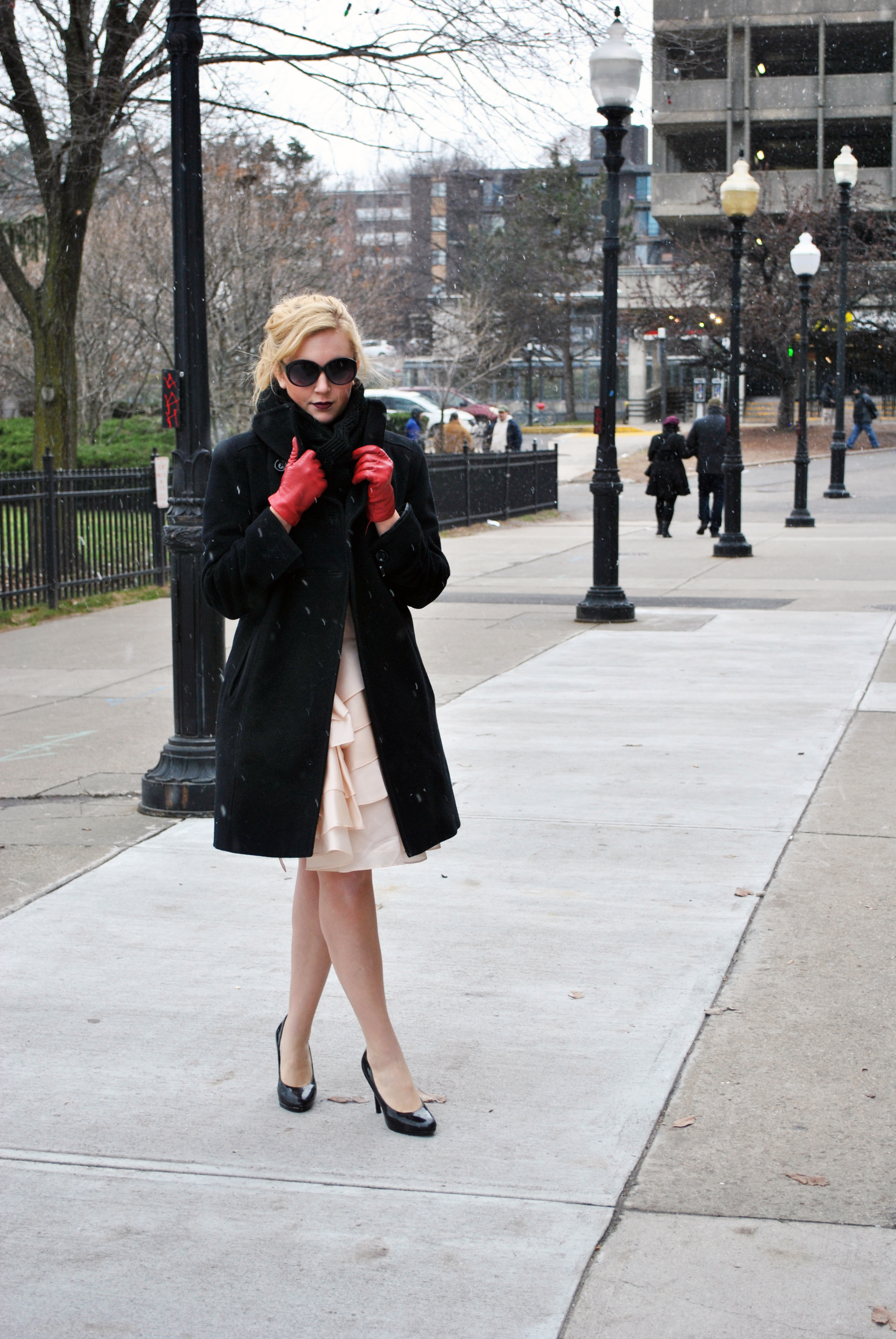 Blush Pink Milly Dress for a holiday party, black coat red gloves - thoughtfulwish