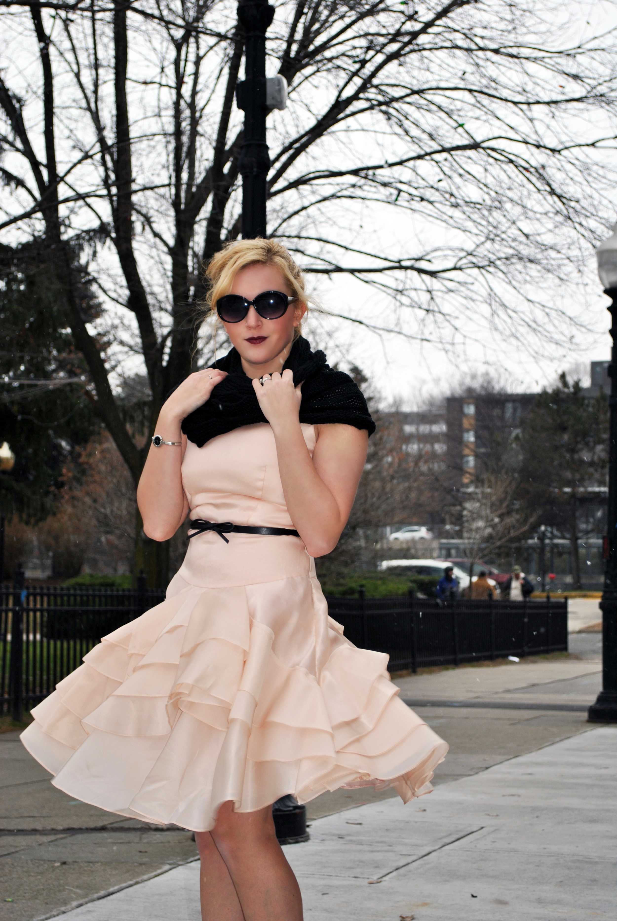 Blush Pink Milly Dress for a holiday party with an infinity scarf - thoughtfulwish