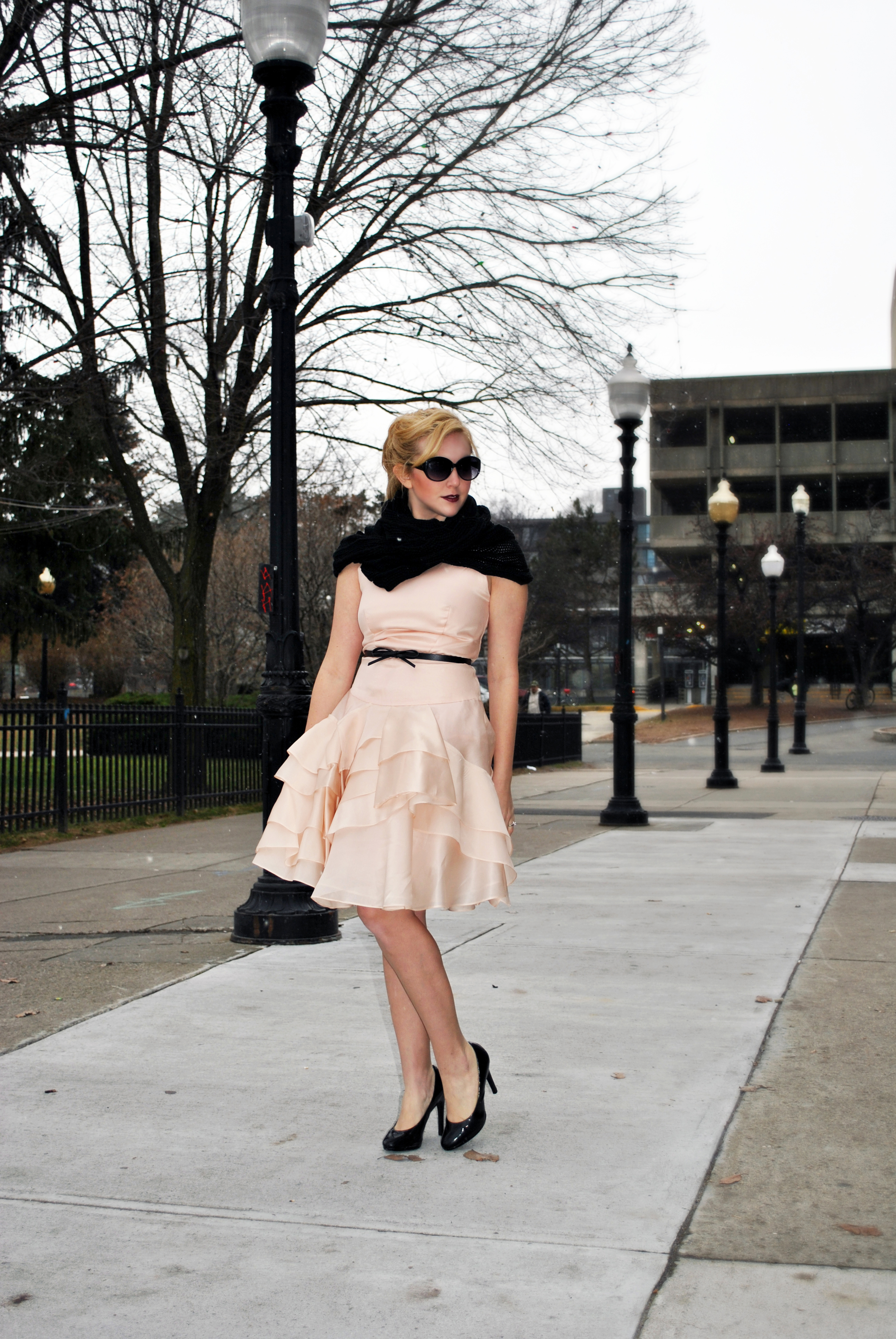 Blush Pink Milly Dress for a holiday party with an infinity scarf - thoughtfulwish