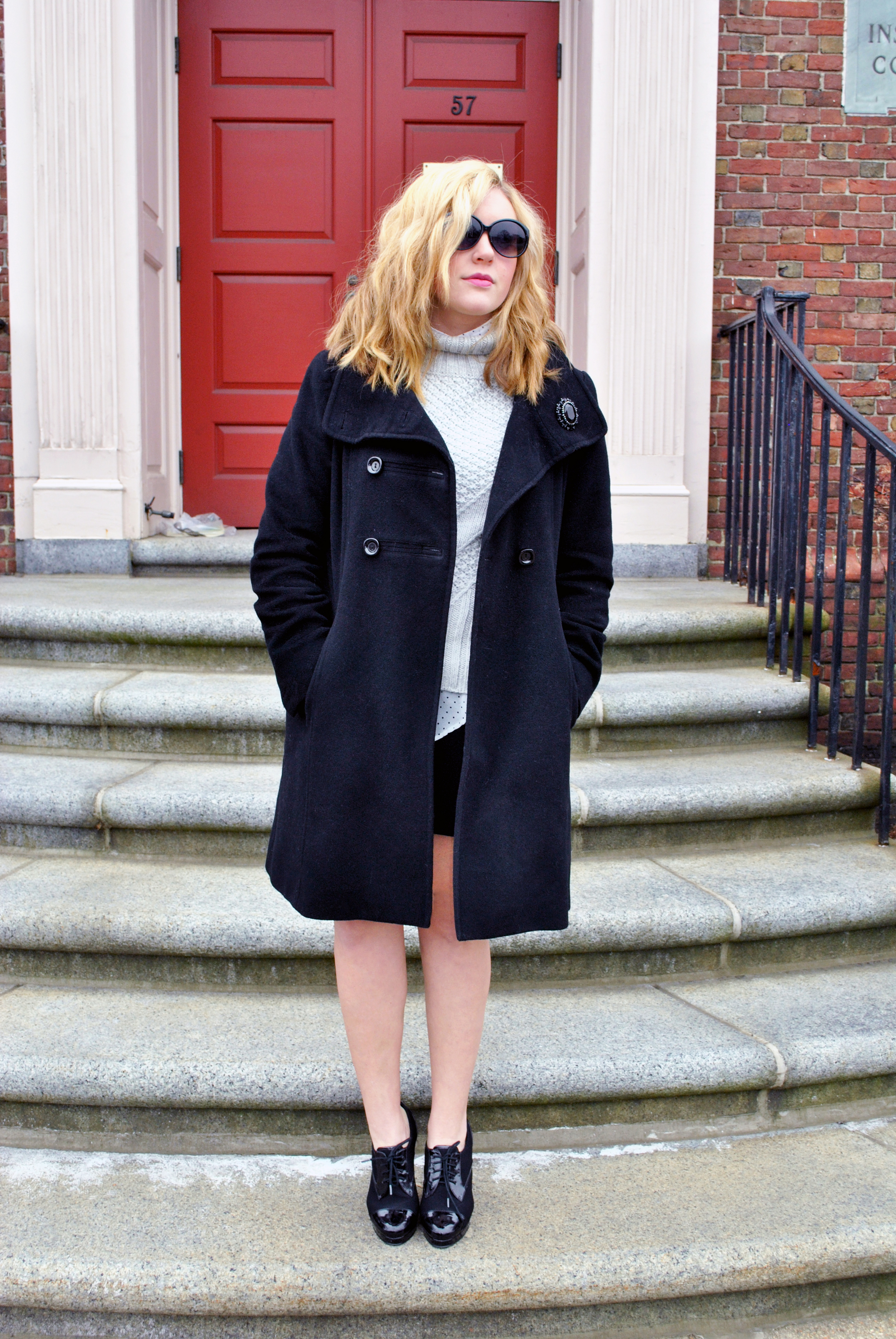 Grey chunky sweater, polka dot shirt, asymmetrical black skirt | thoughtfulwish  