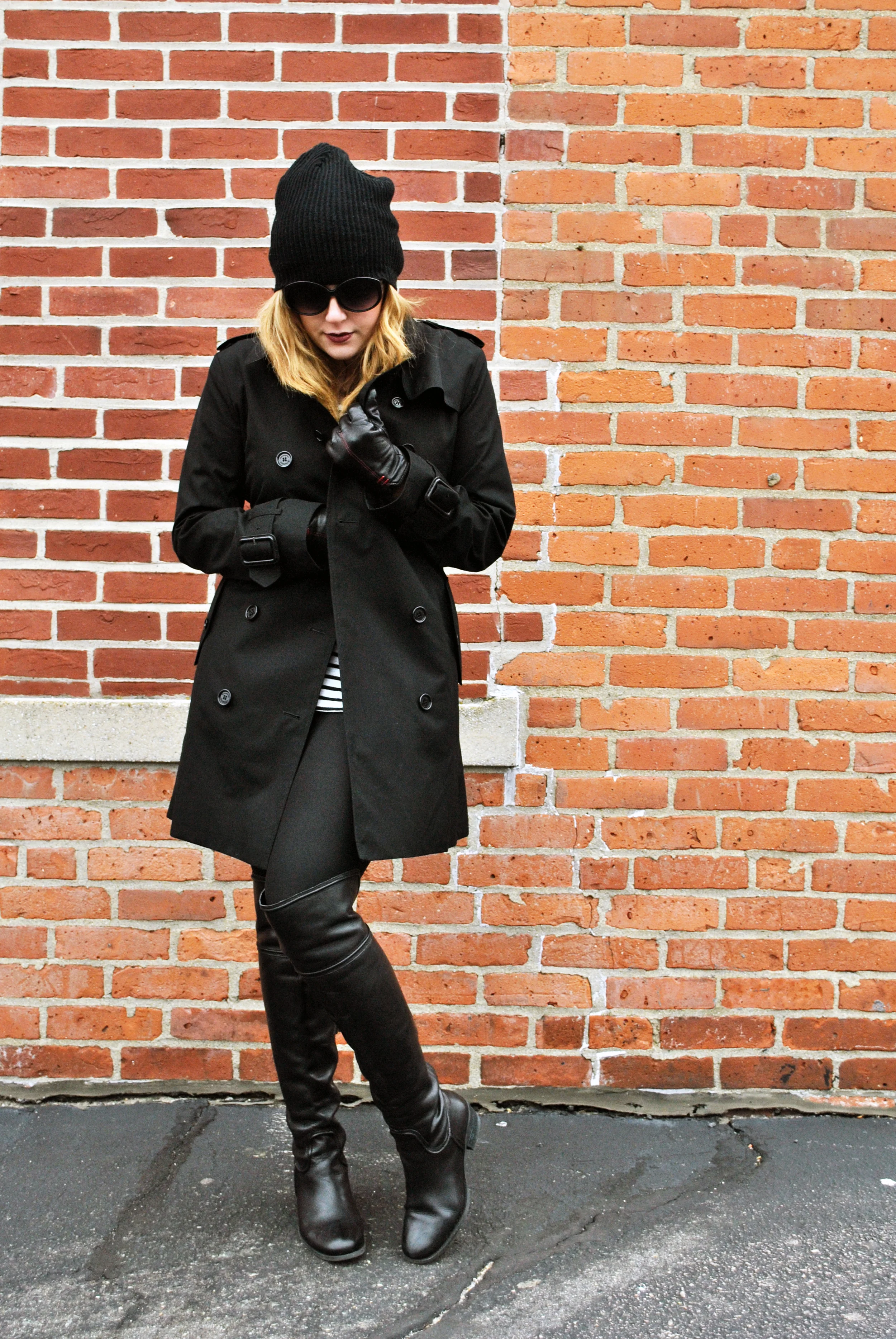 Black trench with stripes and leather