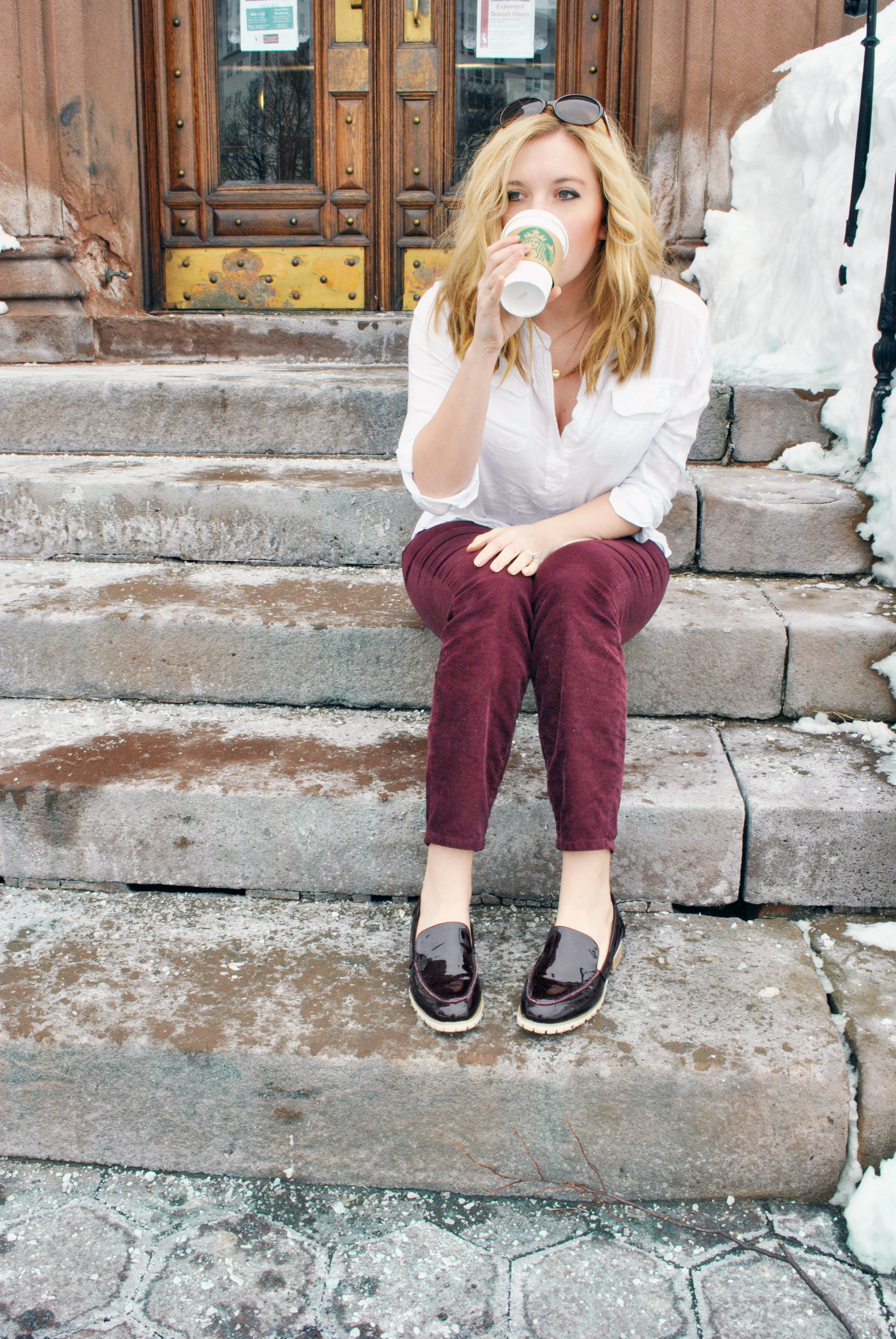 White shirt with burgundy pants, and a gold pendant necklace from Chloe+Isabel | thoughtfulwish