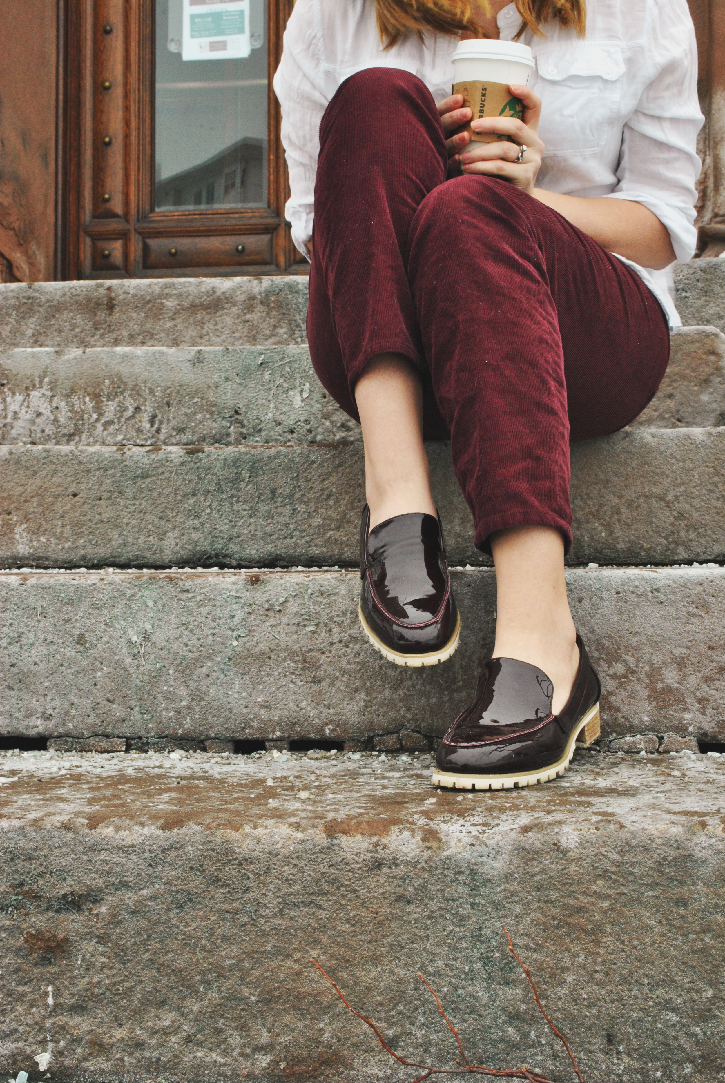 White shirt with burgundy pants, and a gold pendant necklace from Chloe+Isabel | thoughtfulwish