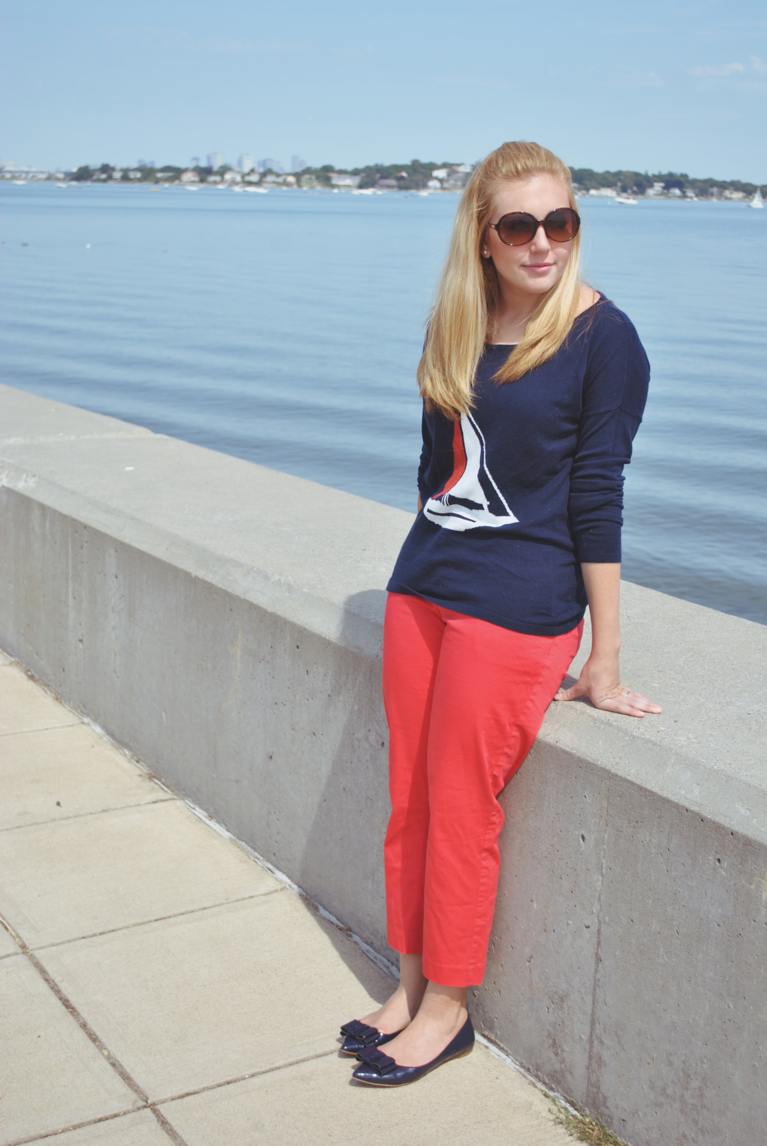 New England Style // Pre Fall outfit // coral // navy // sailboat sweater // Boston Style // jcrew | thoughtfulwish