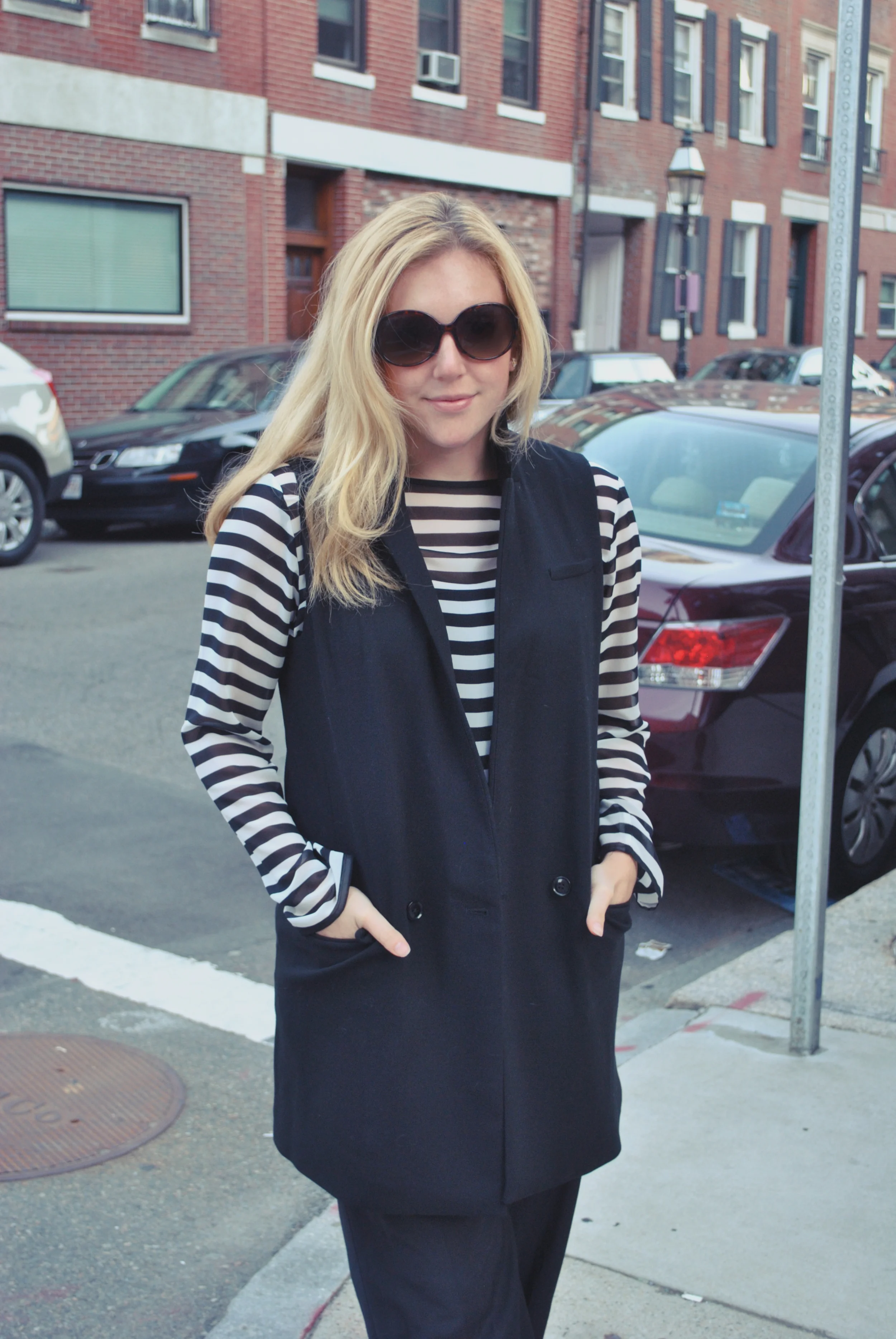 thoughtfulwish | annie hall // fall outfit // black and white fashion // work outfit // stripes // vest // kate spade // banana republic