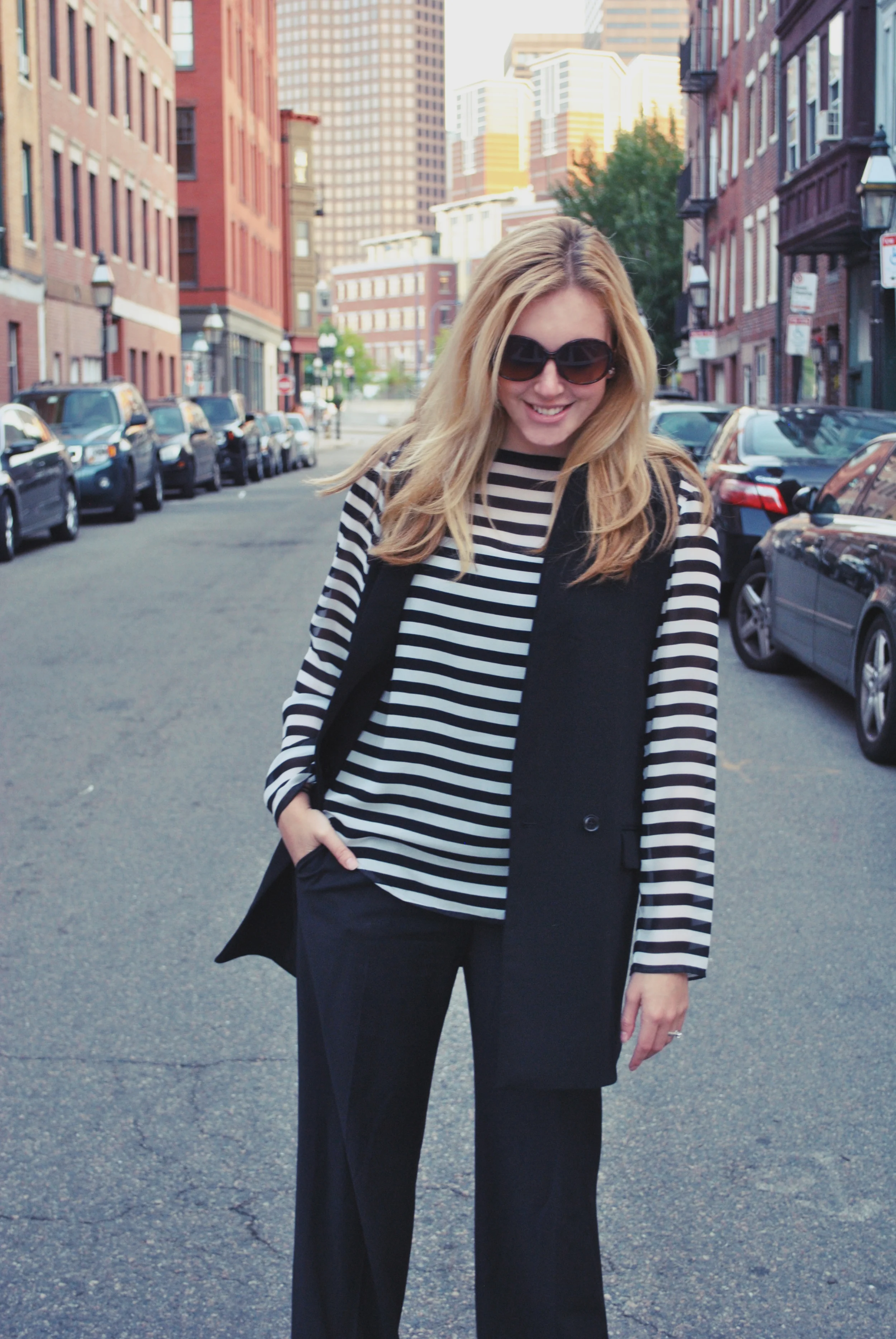 thoughtfulwish | annie hall // fall outfit // black and white fashion // work outfit // stripes // vest // kate spade // banana republic