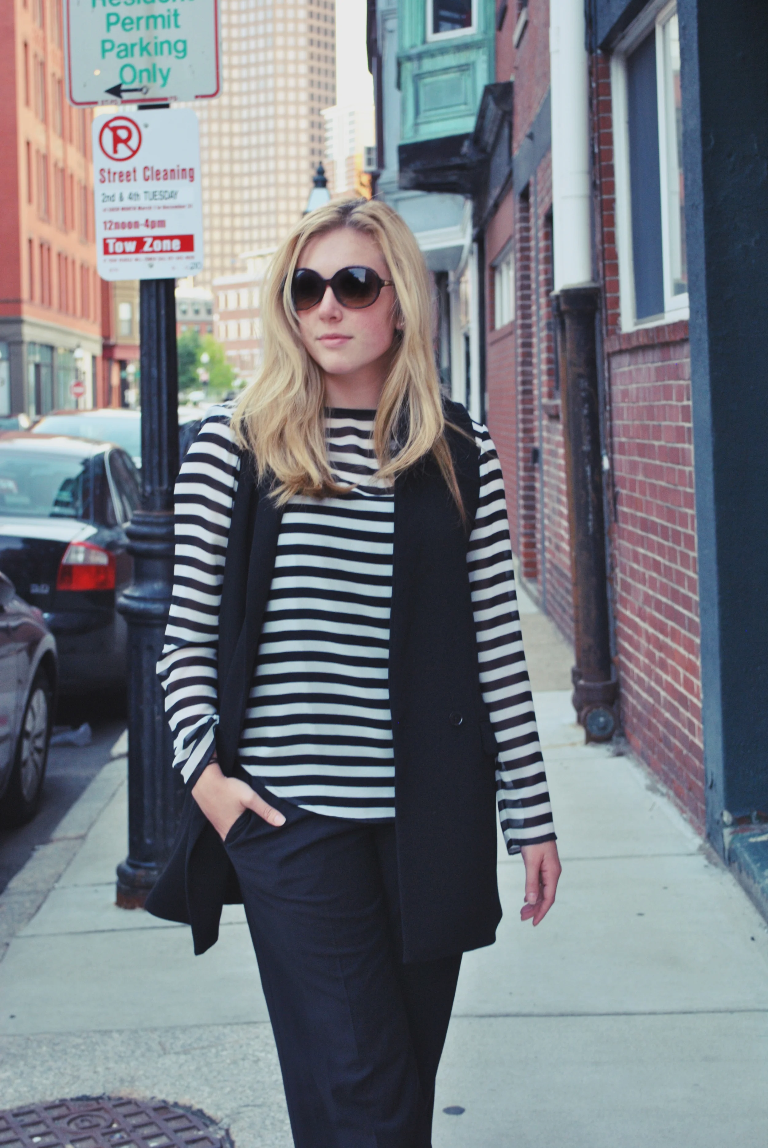 thoughtfulwish | annie hall // fall outfit // black and white fashion // work outfit // stripes // vest // kate spade // banana republic