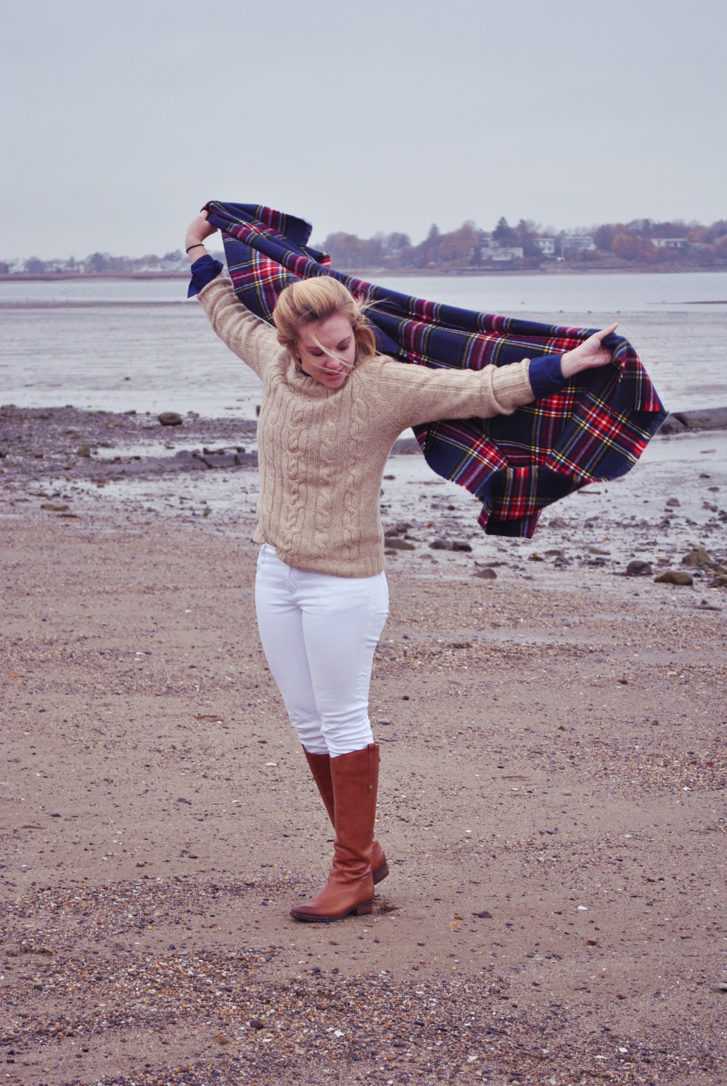 thoughtfulwish | boston fashion blogger // blanket scarf // camel sweater // white jeans // winter outfit 