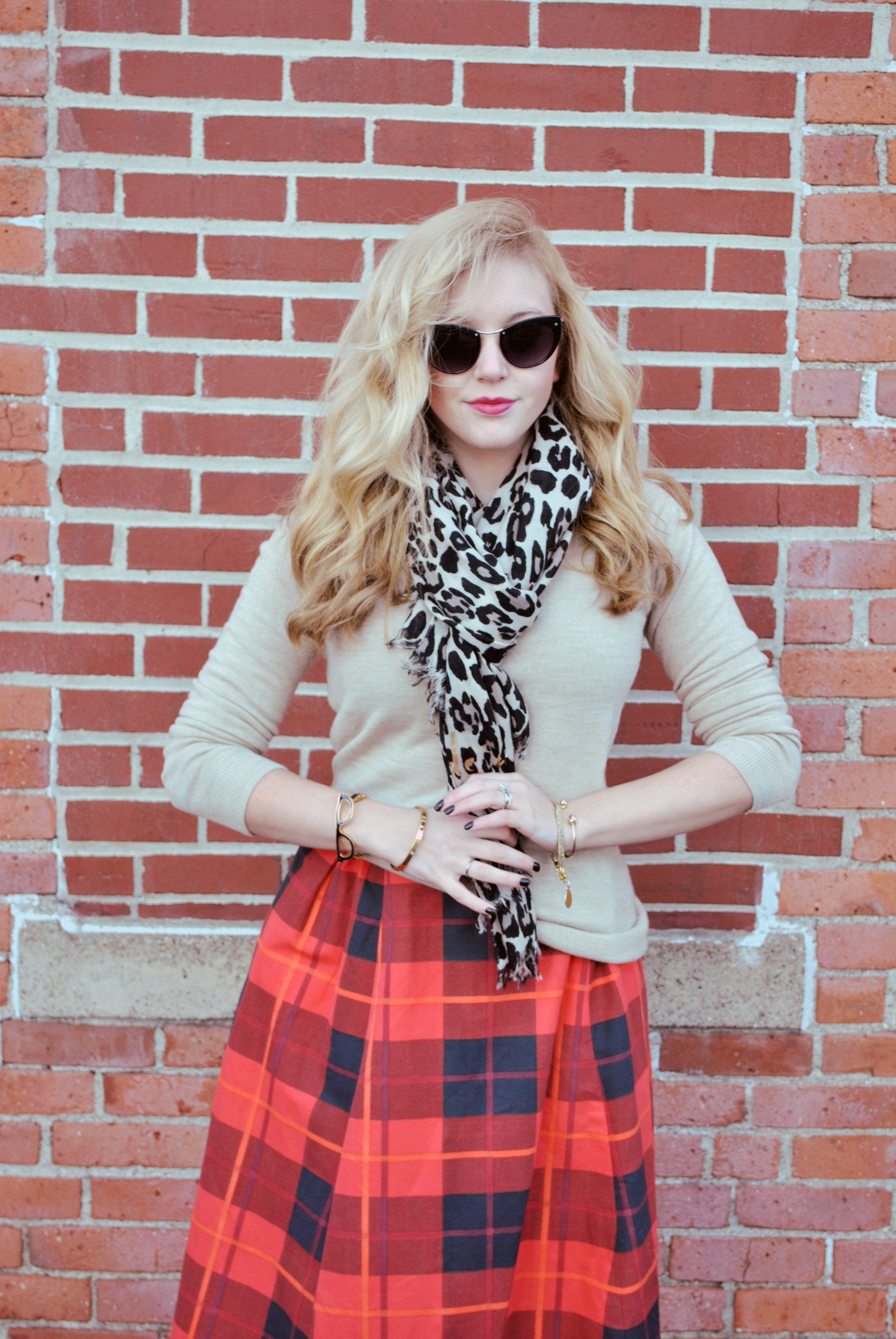 thoughtfulwish | kate spade // plaid skirt // camel // moto jacket // leopard print scarf // preppy outfit // rocker outfit