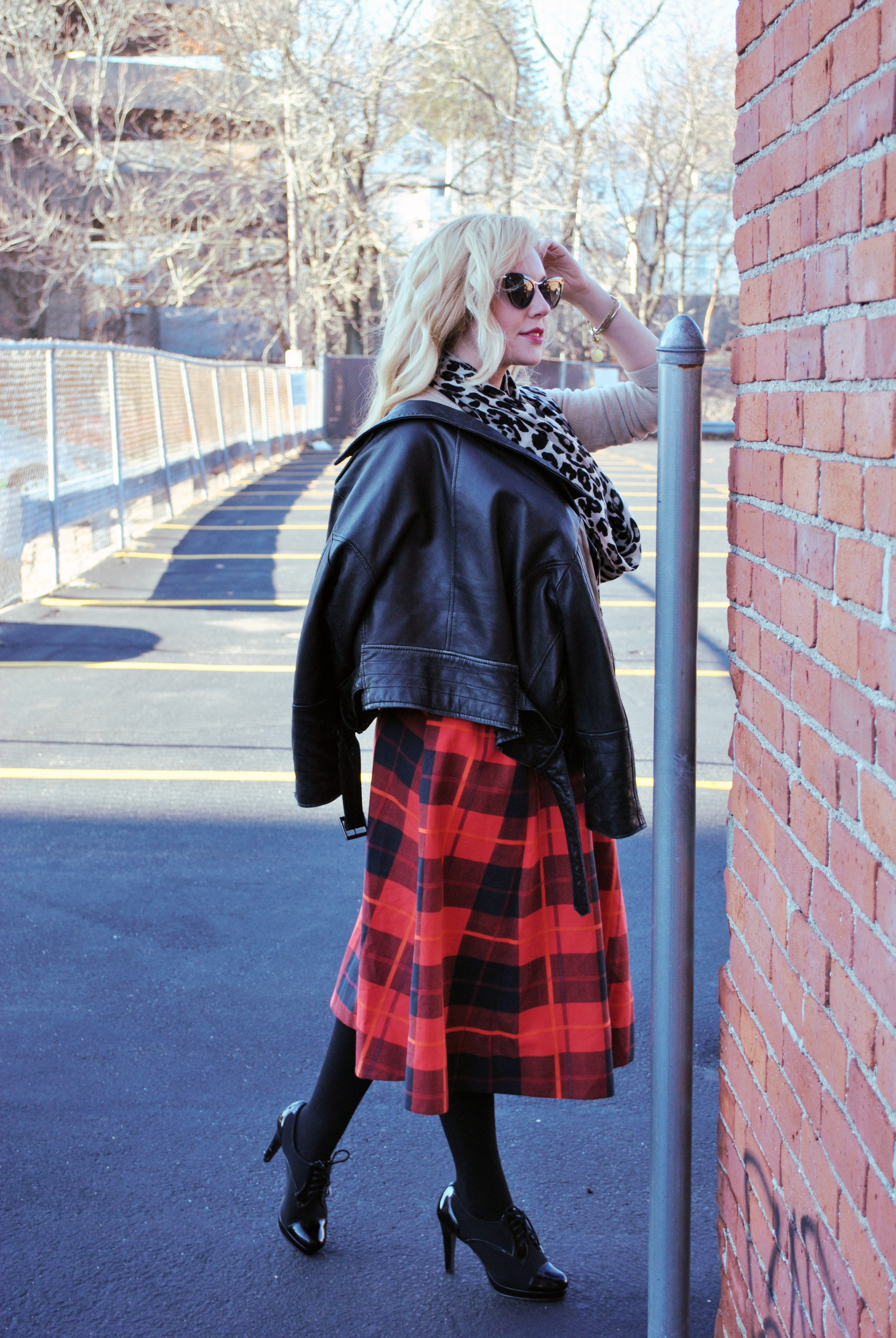 thoughtfulwish | kate spade // plaid skirt // camel // moto jacket // leopard print scarf // preppy outfit // rocker outfit