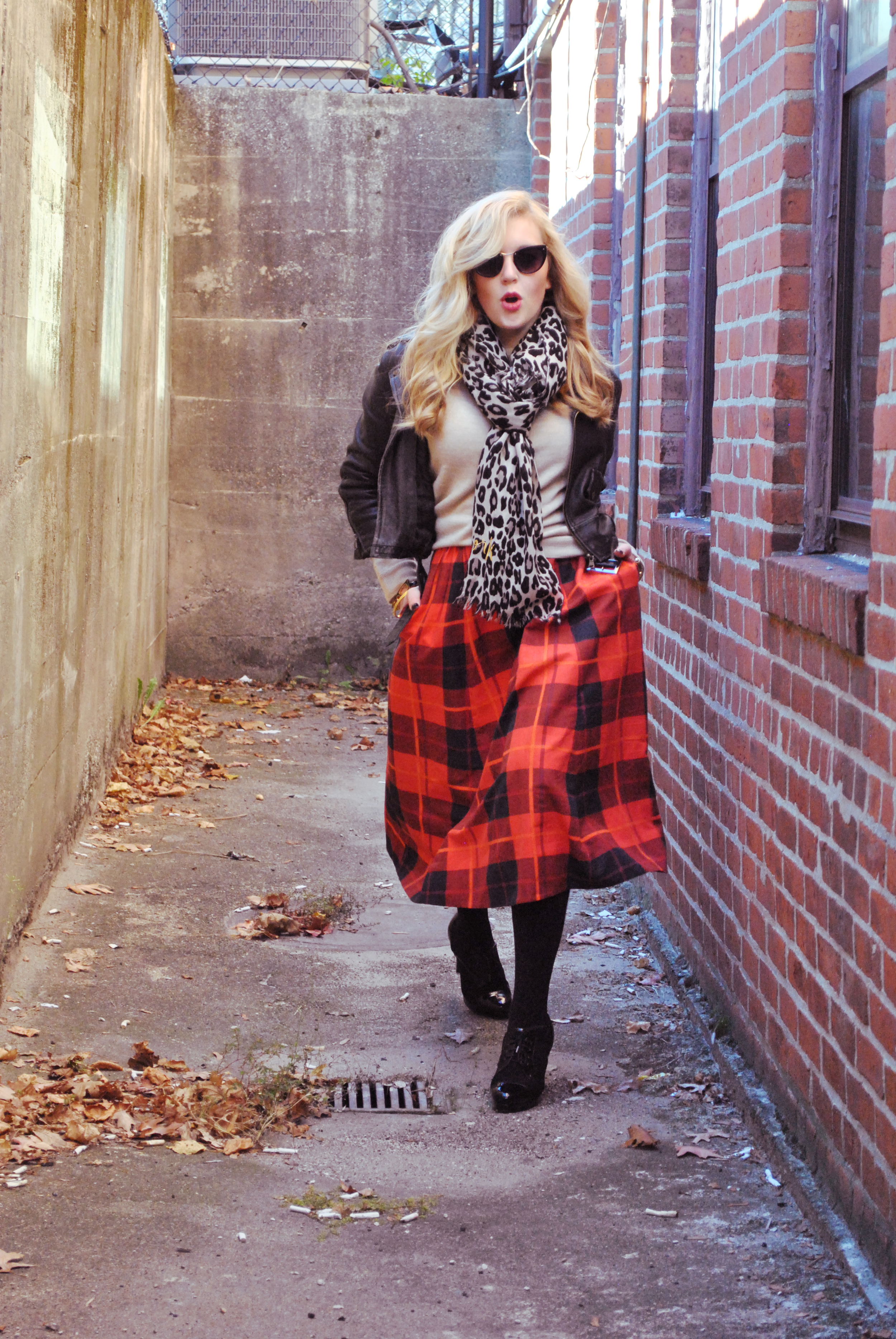 thoughtfulwish | kate spade // plaid skirt // camel // moto jacket // leopard print scarf // preppy outfit // rocker outfit