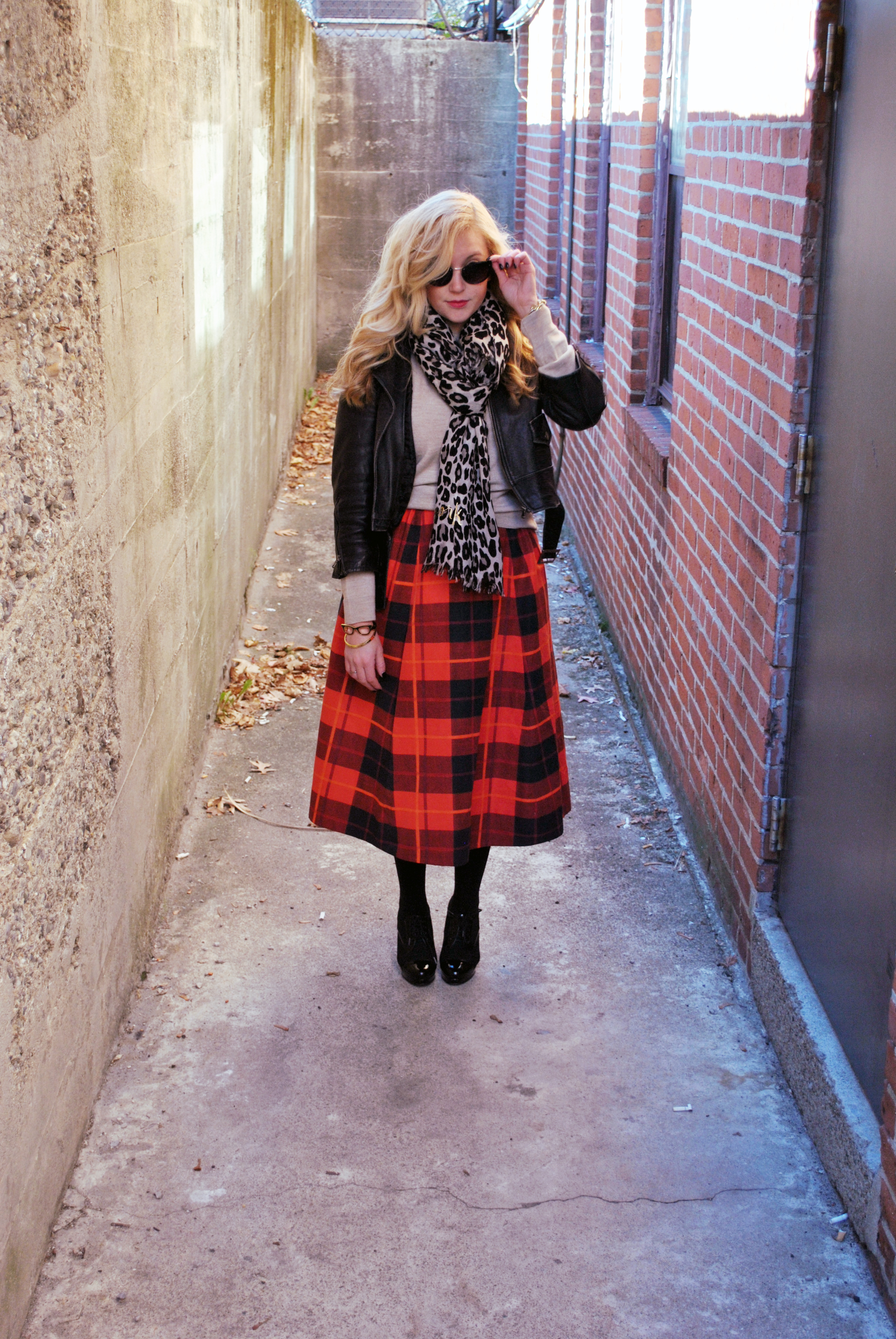 thoughtfulwish | kate spade // plaid skirt // camel // moto jacket // leopard print scarf // preppy outfit // rocker outfit