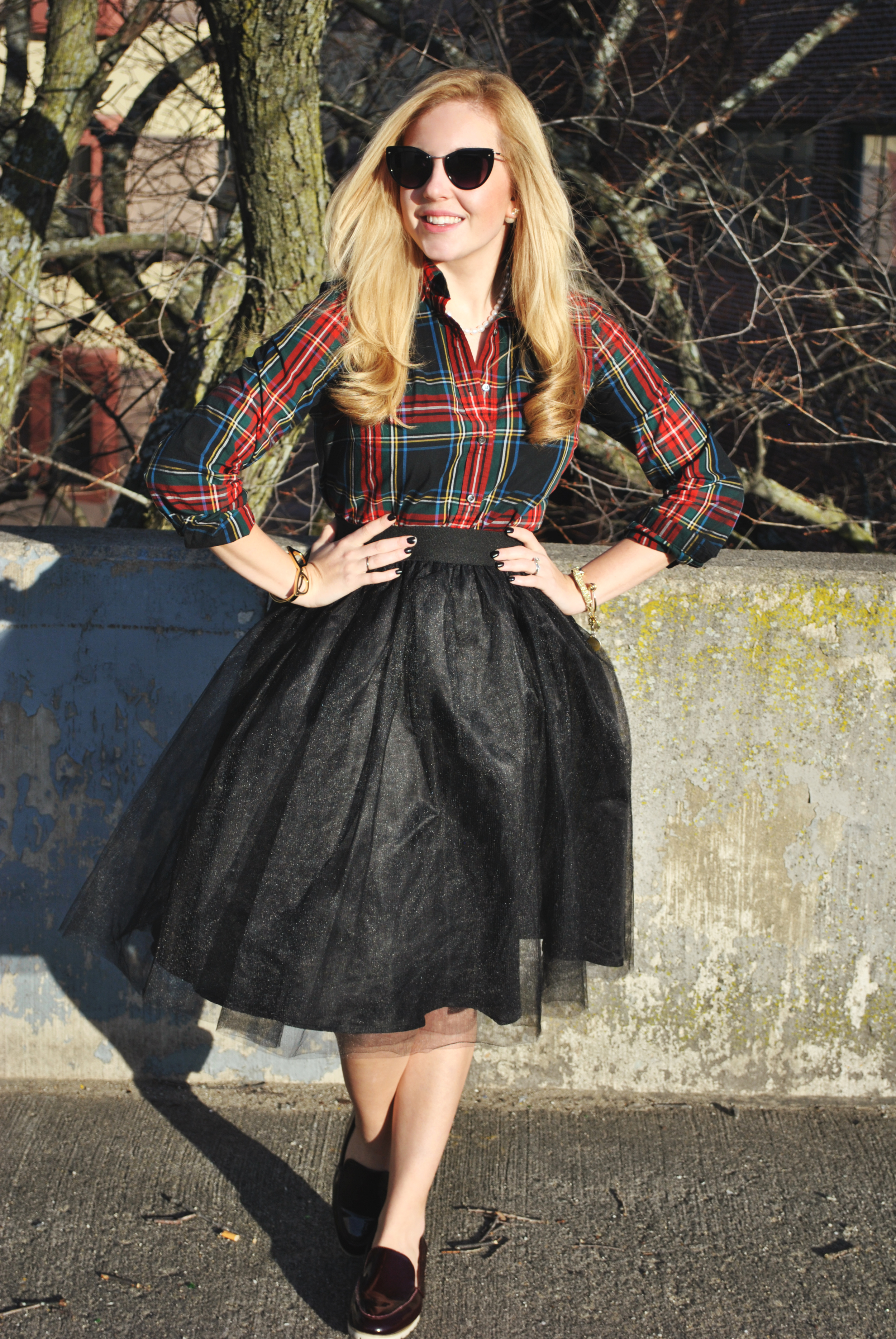 thoughtfulwish | plaid outfit // pearls // tulle skirt // preppy outfit // holiday outfit // kate spade // j.crew