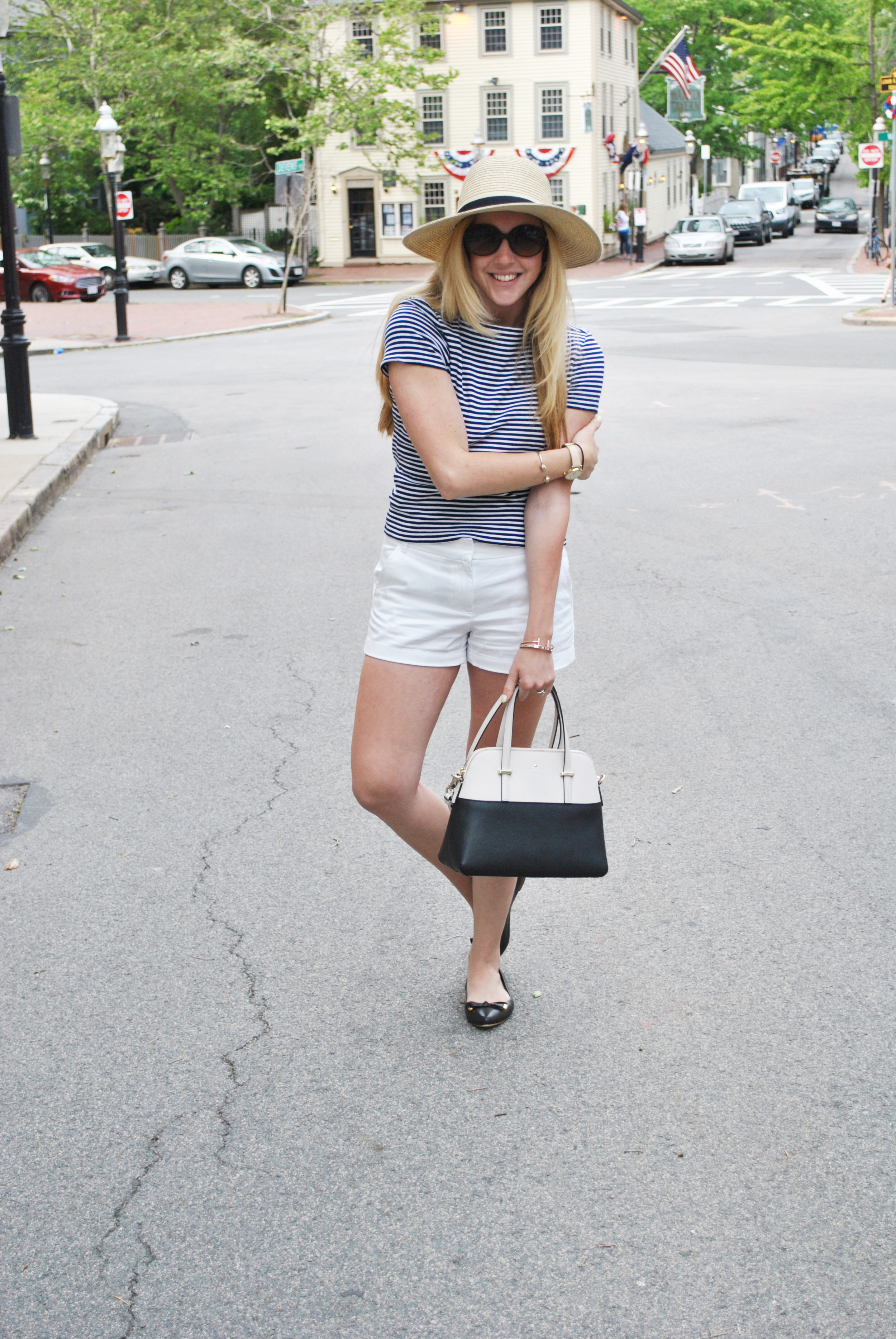 thoughtfulwish | kate spade // summer outfit // stripe tee // hat // black and white // shorts // boston fashion blogger