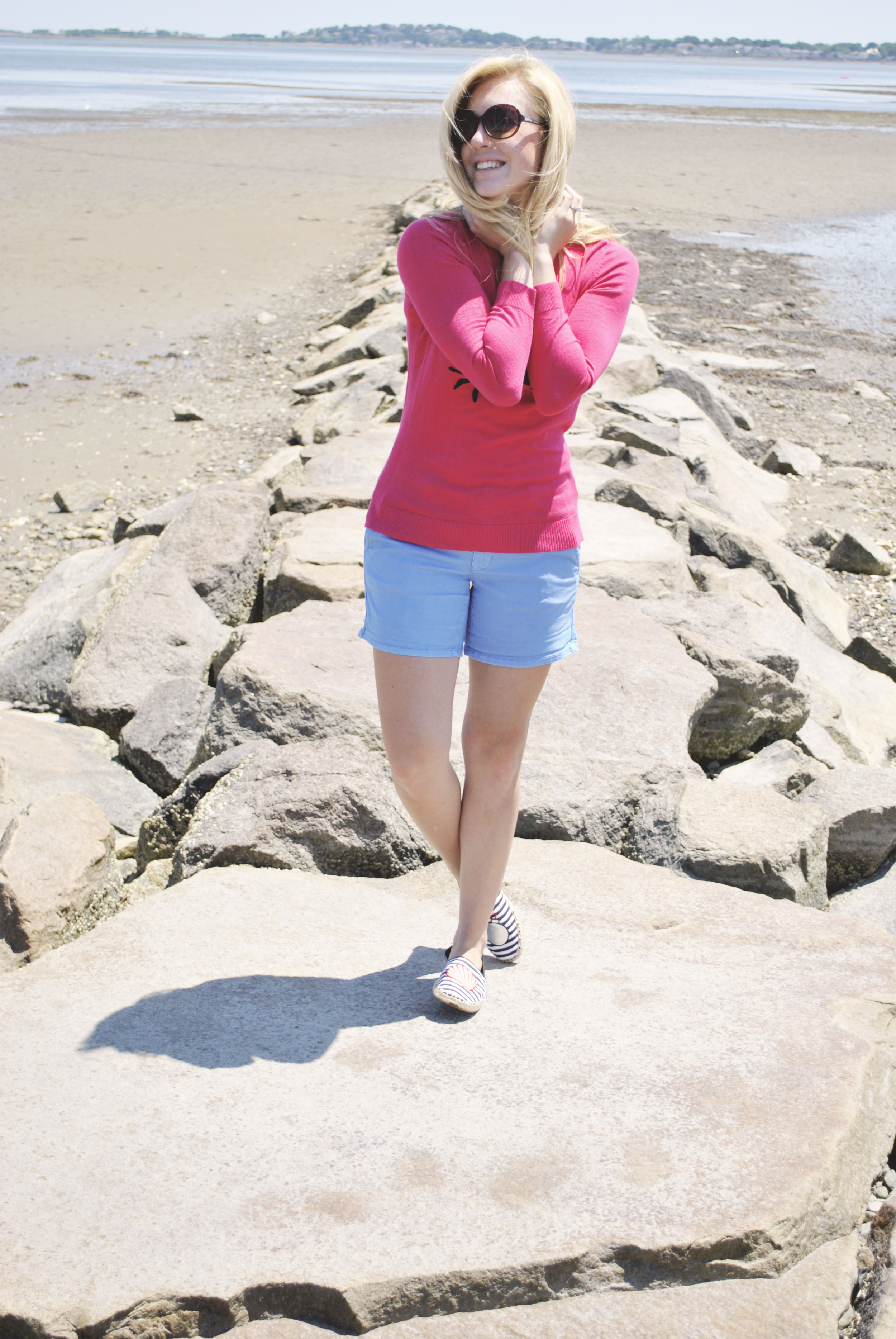 thoughtfulwish | talbots // novelty // crab sweater // pink // shorts // new england fashion // preppy outfit // beach life // ocean life // salty hair