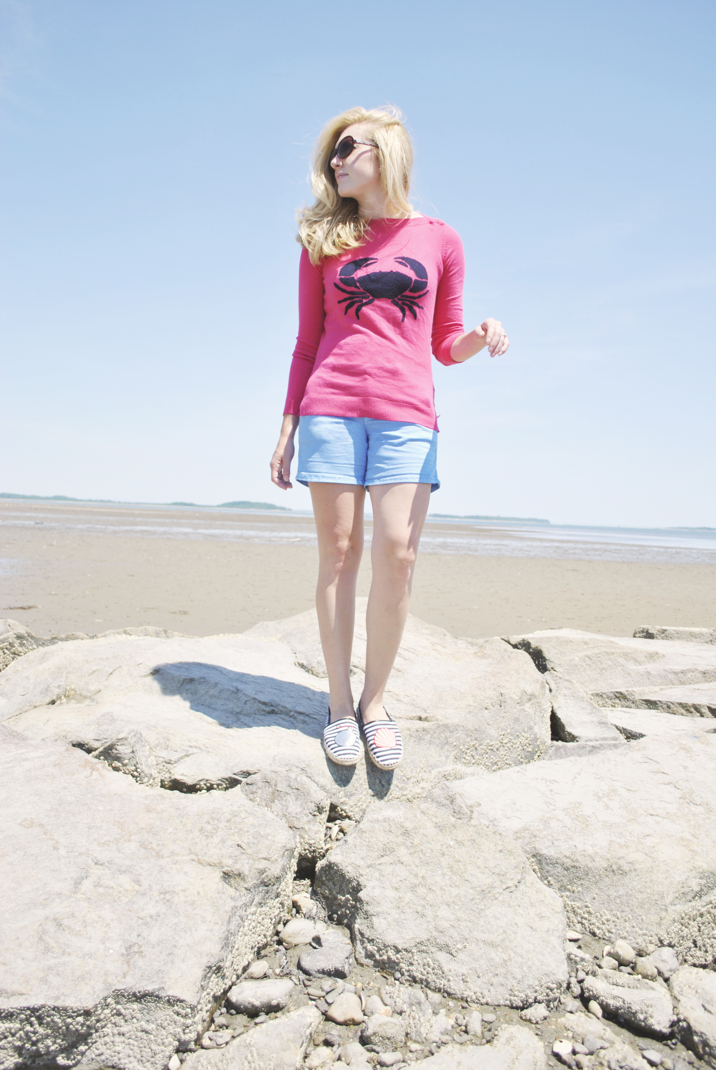 thoughtfulwish | talbots // novelty // crab sweater // pink // shorts // new england fashion // preppy outfit // beach life // ocean life // salty hair // bombshell // sam edelman // circus shoes