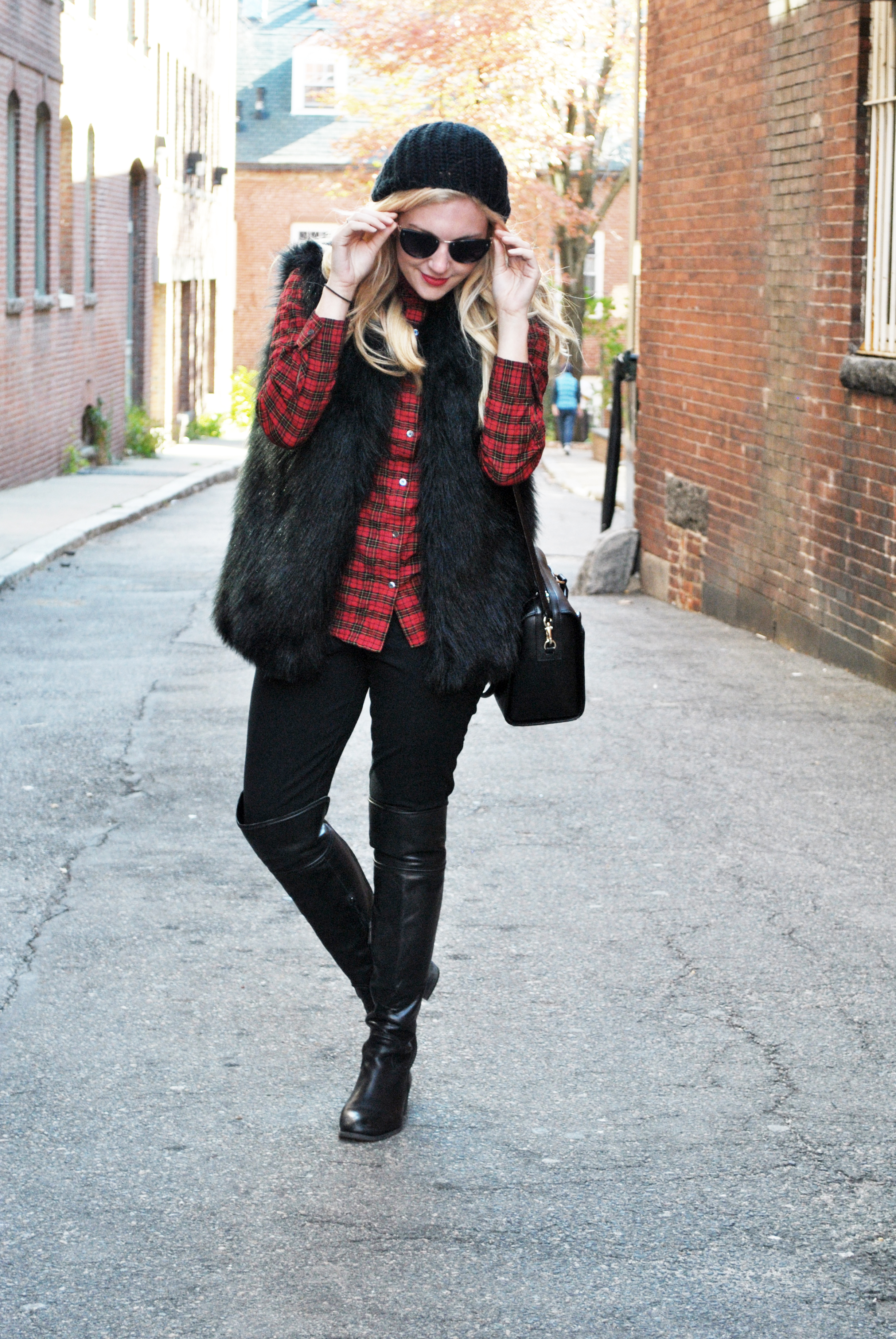 thoughtfulwish | j.mclaughlin // red plaid // salem // fall outfit // plaid outfit // fur vest // boots // preppy // meredith wish
