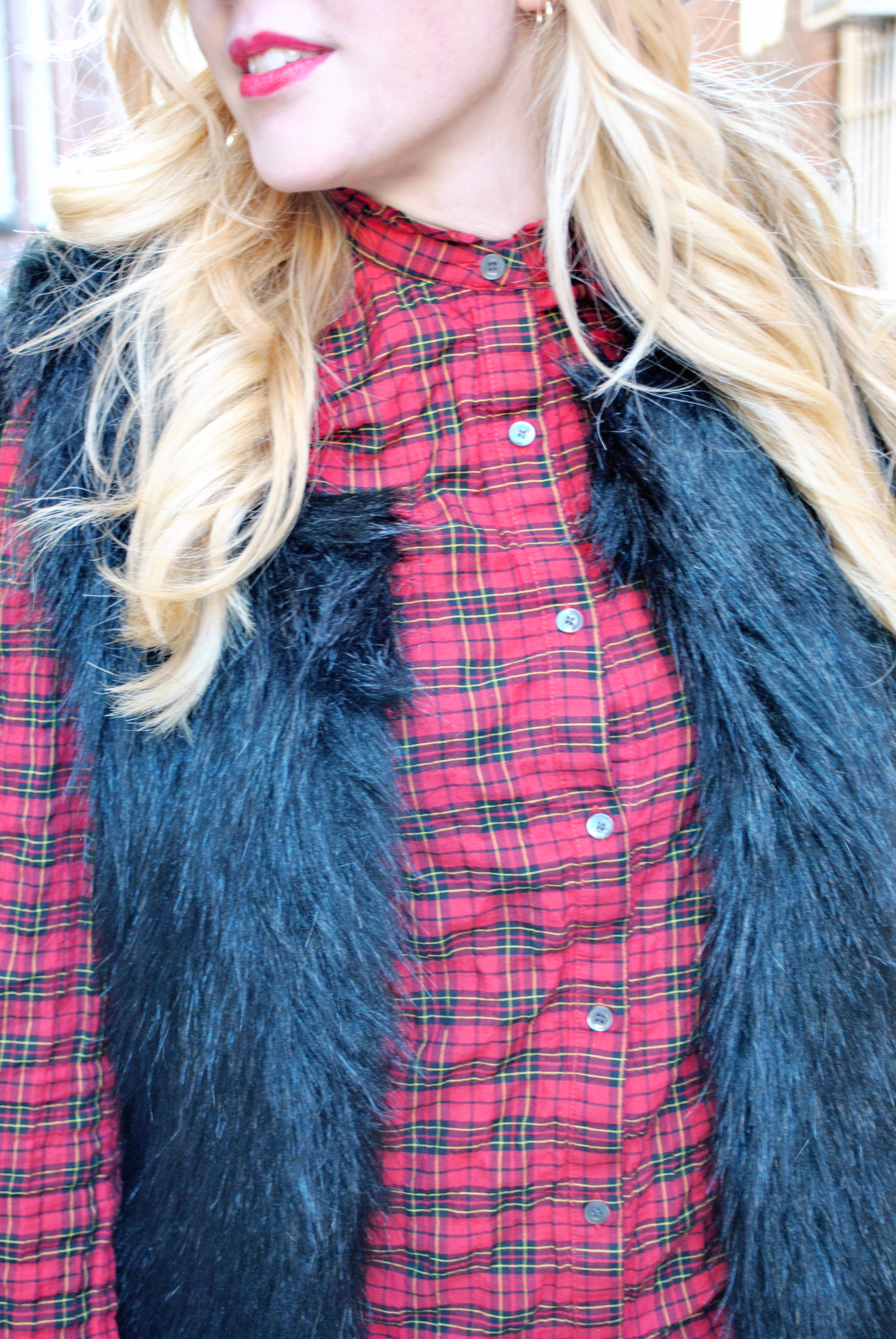 thoughtfulwish | j.mclaughlin // red plaid // salem // fall outfit // plaid outfit // fur vest // boots // preppy // meredith wish