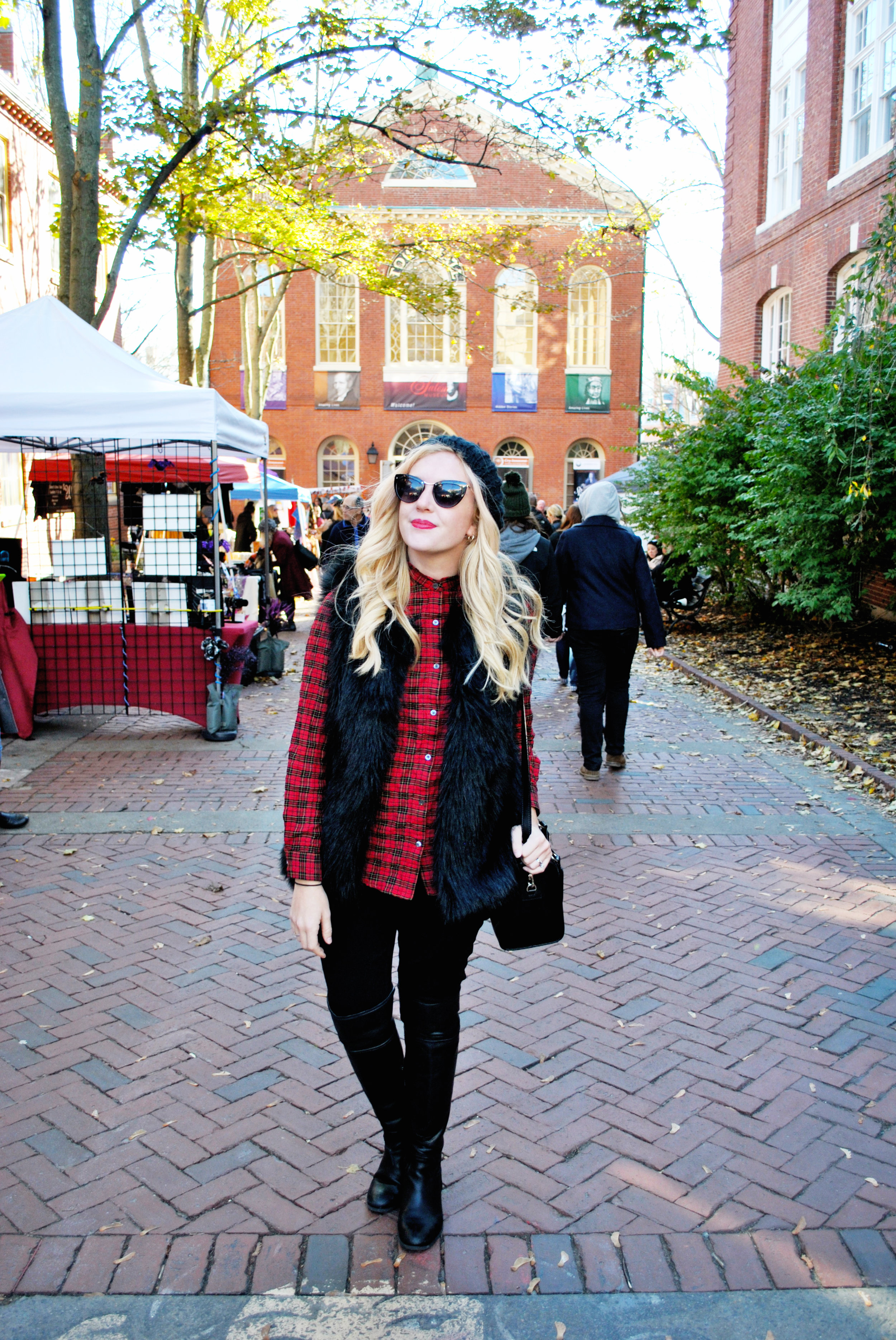 thoughtfulwish | j.mclaughlin // red plaid // salem // fall outfit // plaid outfit // fur vest // boots // preppy // meredith wish