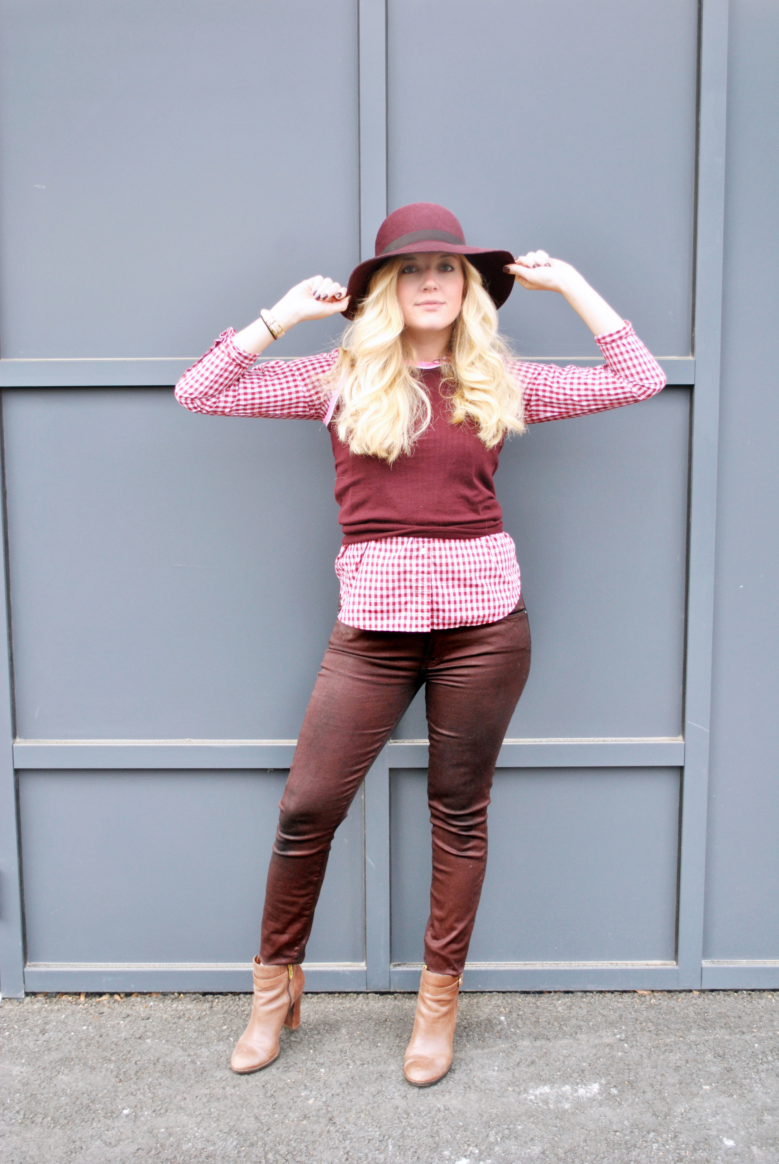 thoughtfulwish | maroon outfit, burgundy outfit, gingham, j.crew, wax coated pants, buffy, preppy outfit, boston fashion, fashion blogger