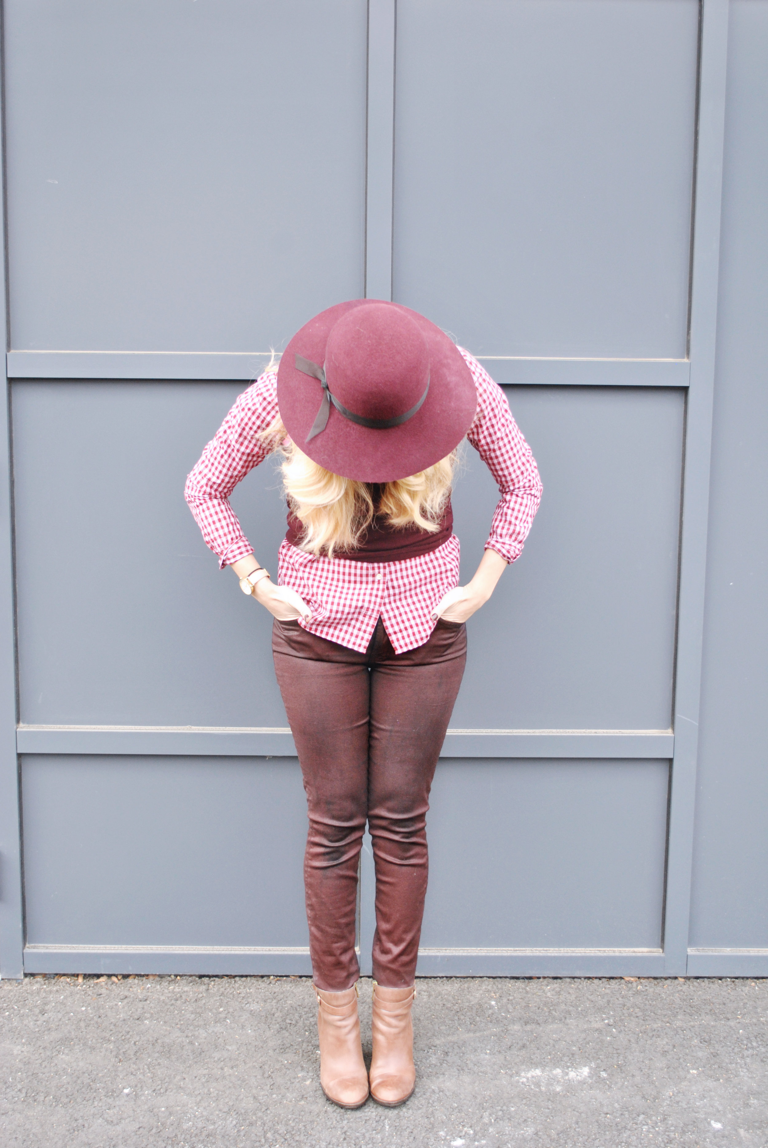 thoughtfulwish | maroon outfit, burgundy outfit, gingham, j.crew, wax coated pants, buffy, preppy outfit, boston fashion, fashion blogger