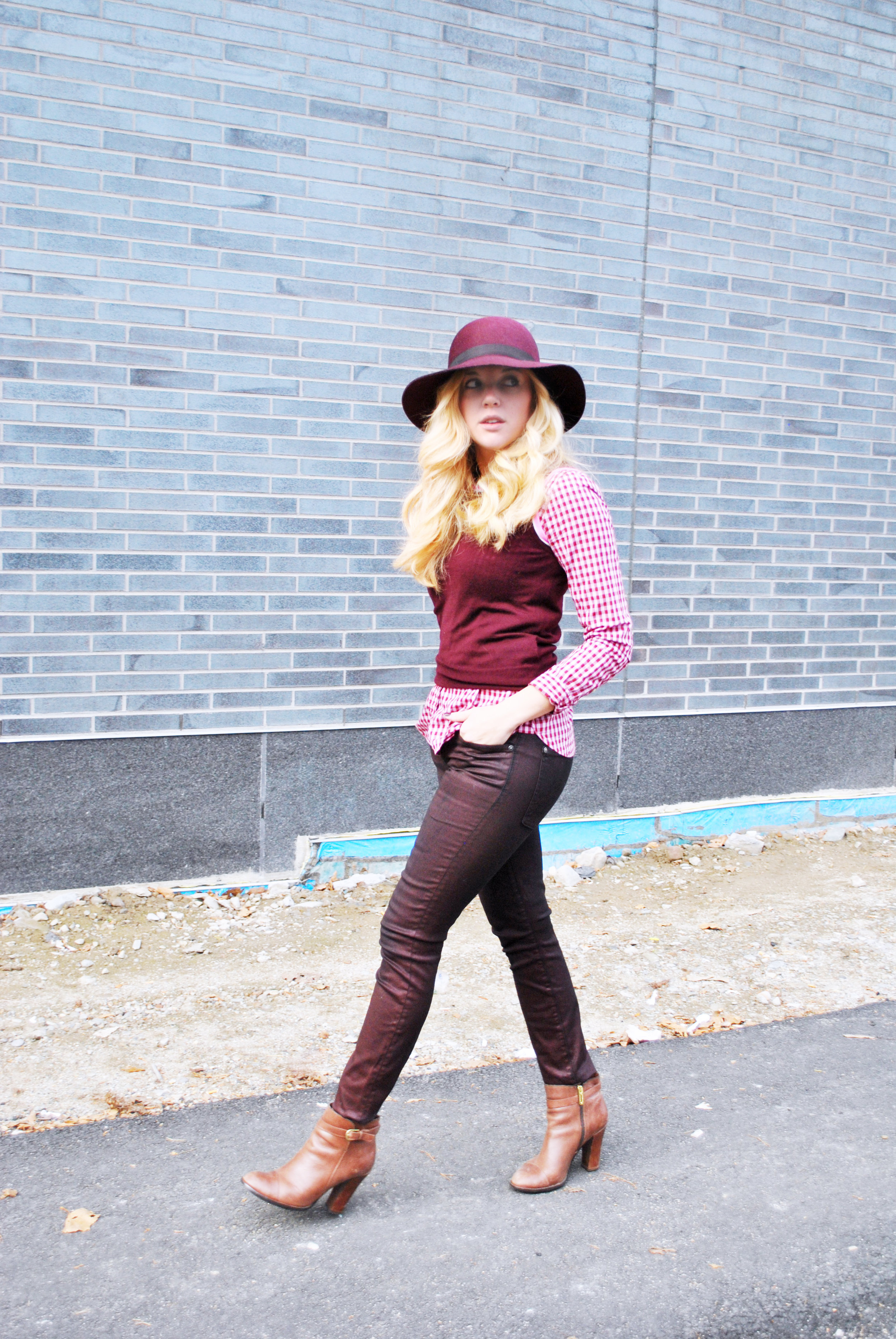 thoughtfulwish | maroon outfit, burgundy outfit, gingham, j.crew, wax coated pants, buffy, preppy outfit, boston fashion, fashion blogger