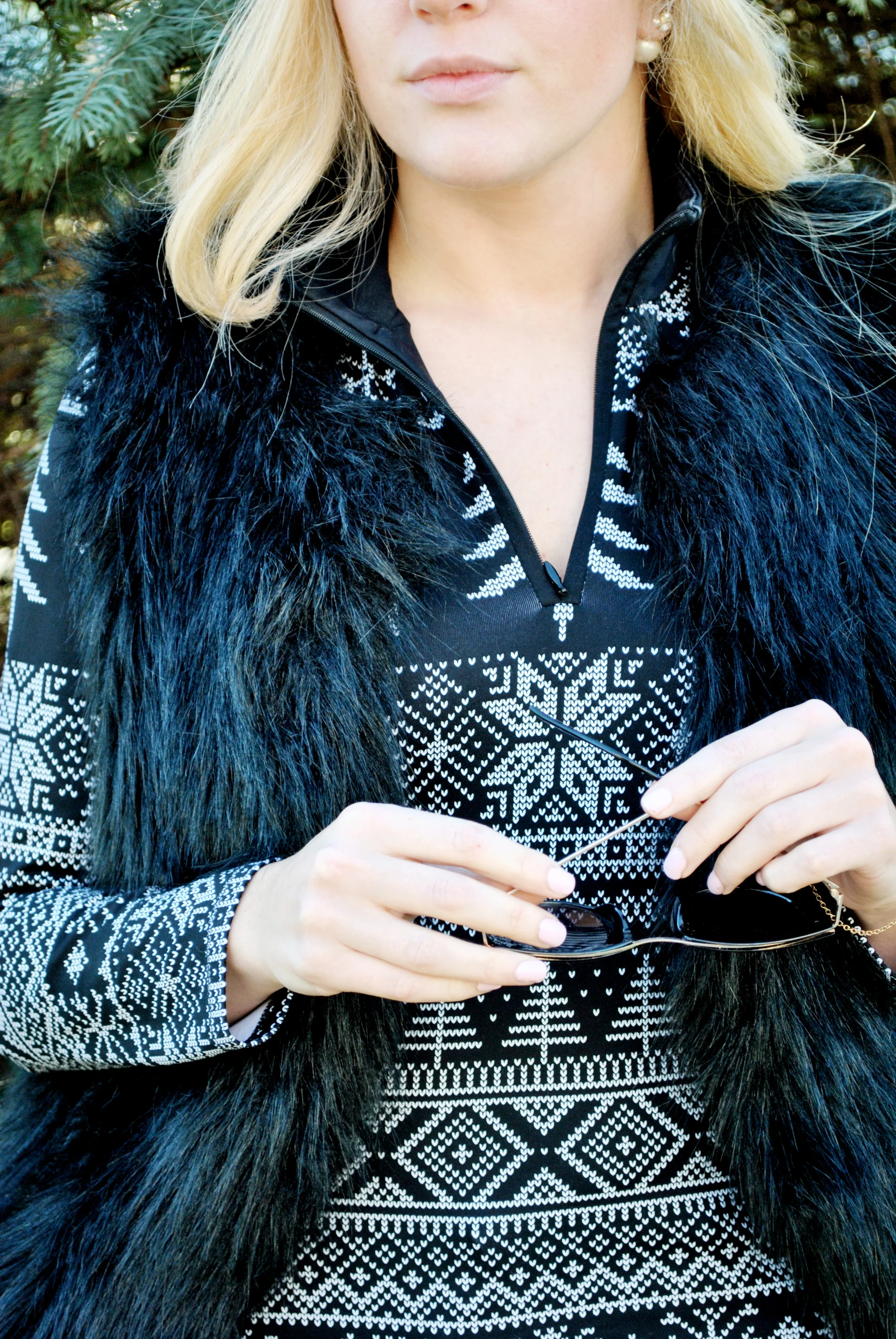 thoughtfulwish | fair isle, j.mclaughlin, faux fur, fur vest, winter fashion, boston fashion, new england fashion